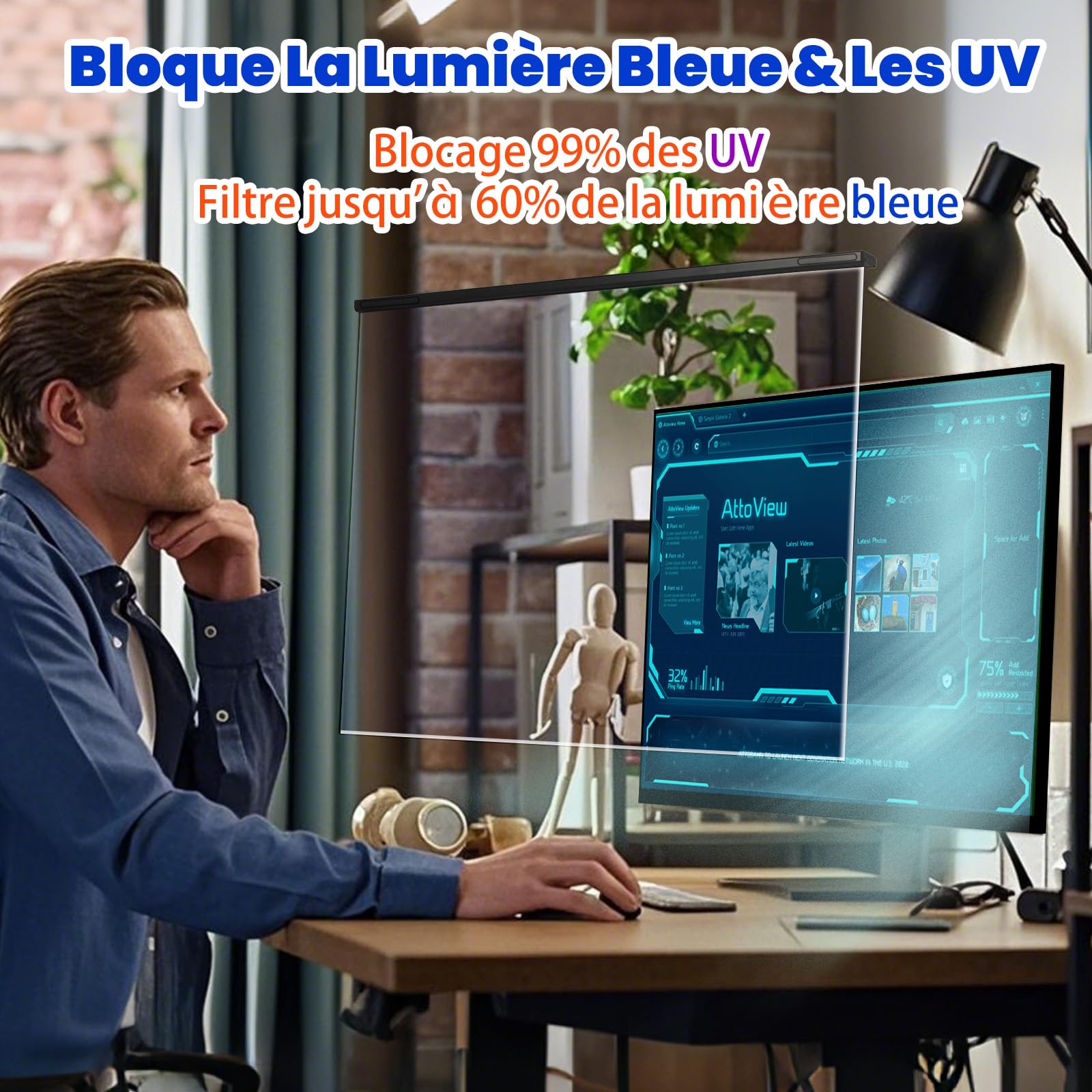 Filtre d'Écran Anti-Lumière Bleue 27 Pouces pour Moniteur 16:9 – Protection Anti-UV, Anti-Reflet, Anti-Éblouissement (61,3 x 37 cm)