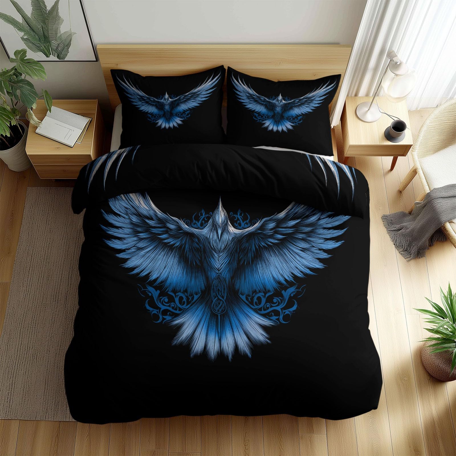 Poszewki na kołdrę Styl Celtycki Ptak Wiking Pościel Pościel 220 x 240 cm Dla Dzieci Dorosłych, Czarny Miękki Zamek Błyskawiczny Oddychające Poszewki Na Kołdry i 2 Poszewki Na Poduszki