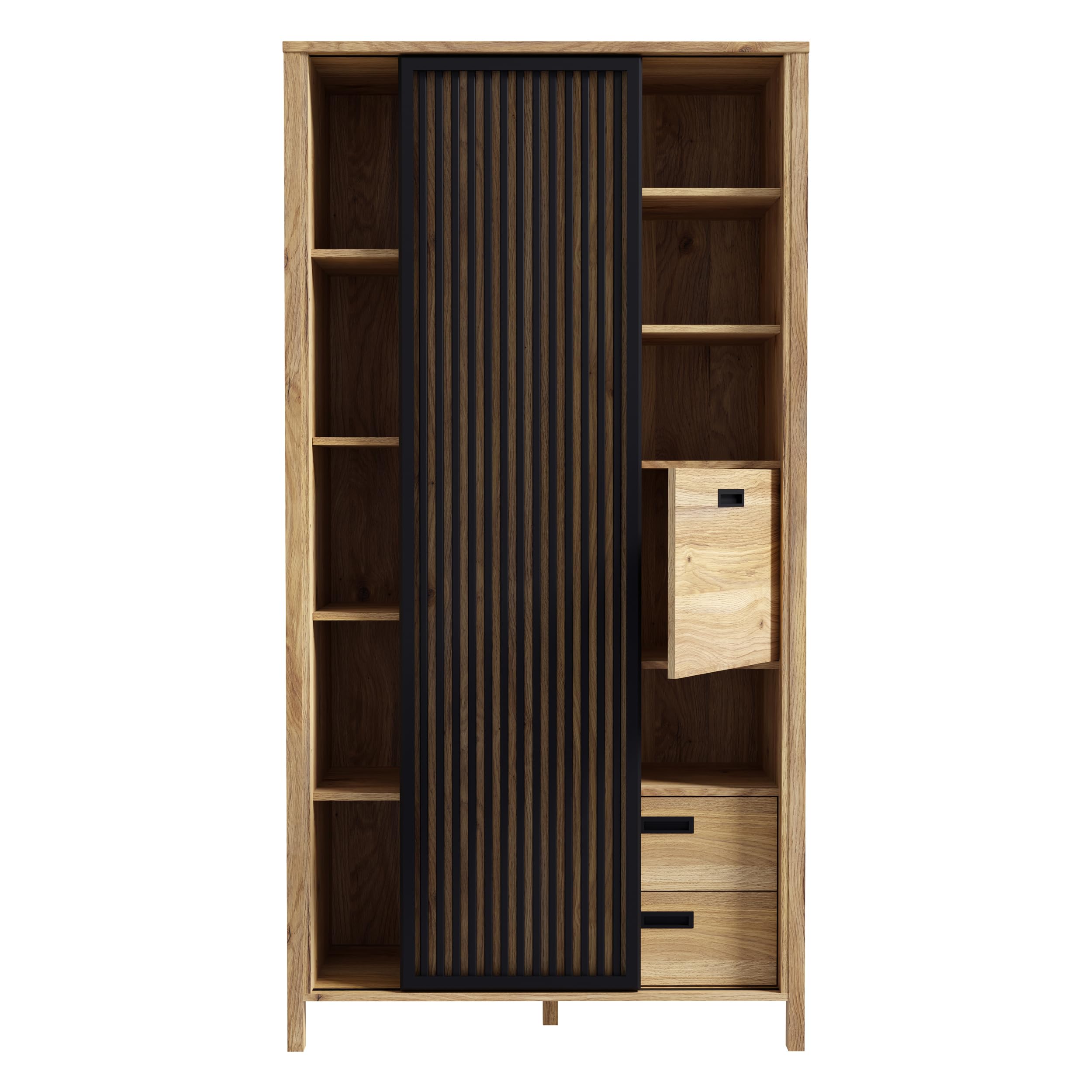 Forte JYTANA Schrank 100 105, skandinavischer Schrank mit 3 Schubladen, 2 Türen und 3 Regalfächern, Mauvella Eiche Holzdekor/Schwarz, 103,4 cm breit x 200,3 cm hoch x 40,2 cm tief