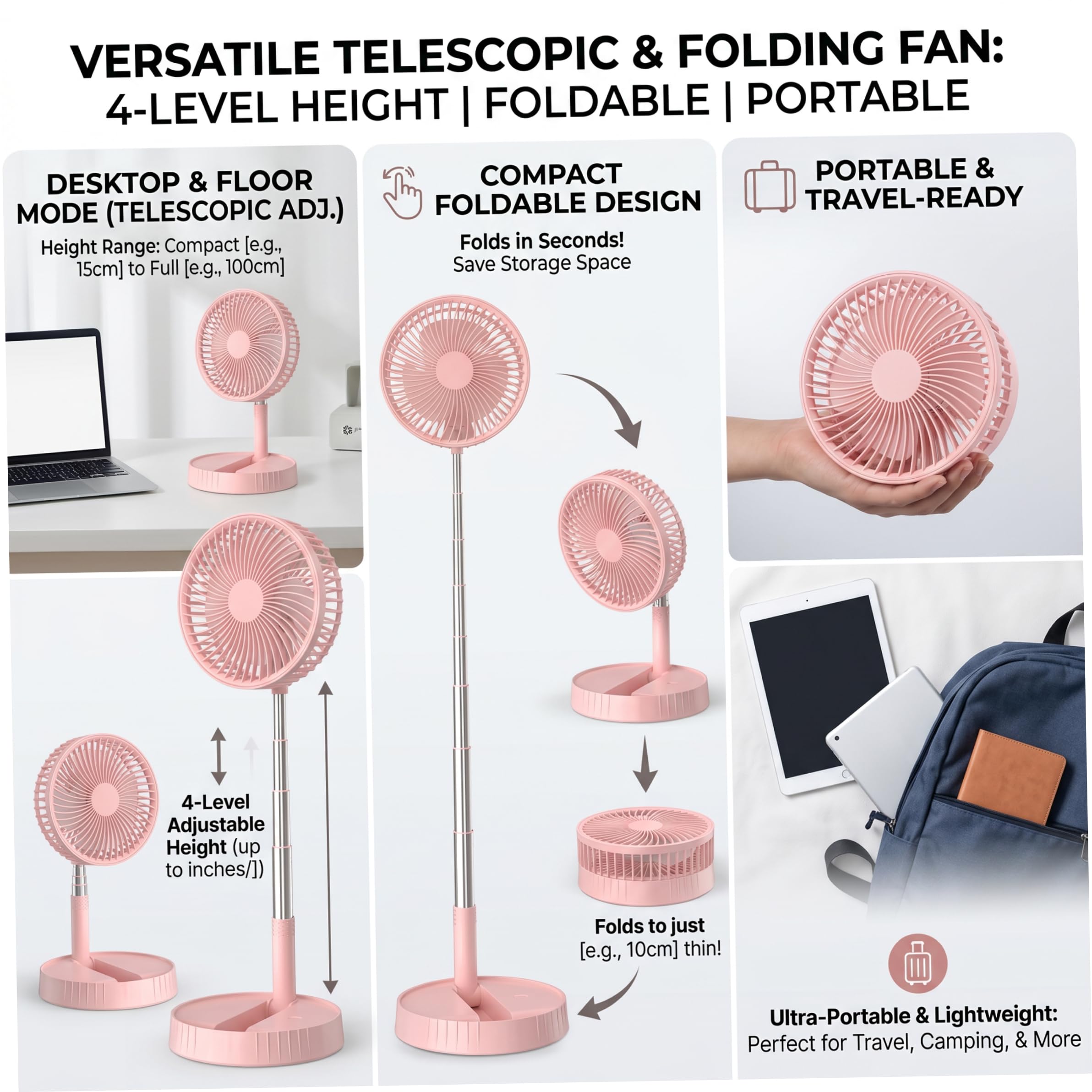 Ventilatore pieghevole, ventilatore da scrivania telescopico ricaricabile senza fili con 4 velocità e flusso d'aria a 360°, batteria da 7200 mAh, stile 2, piedistallo con telecomando