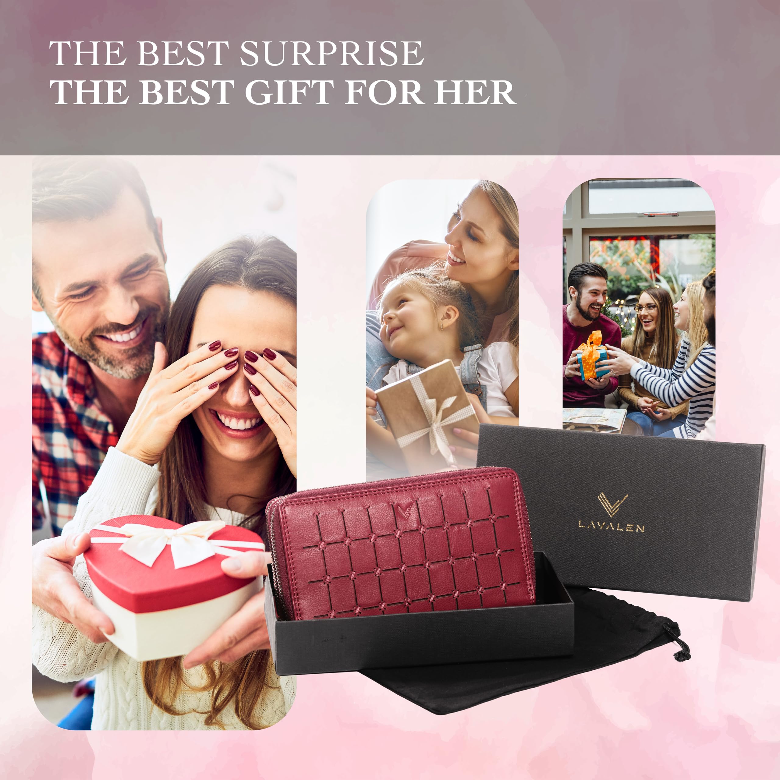 Grand Portefeuille Femme en Cuir – Porte Cartes Grande Capacité avec RFID – Porte Monnaie Élégant Fait Main – Idée Cadeau Originale - Deux Fermetures éclair, Carré - Rouge