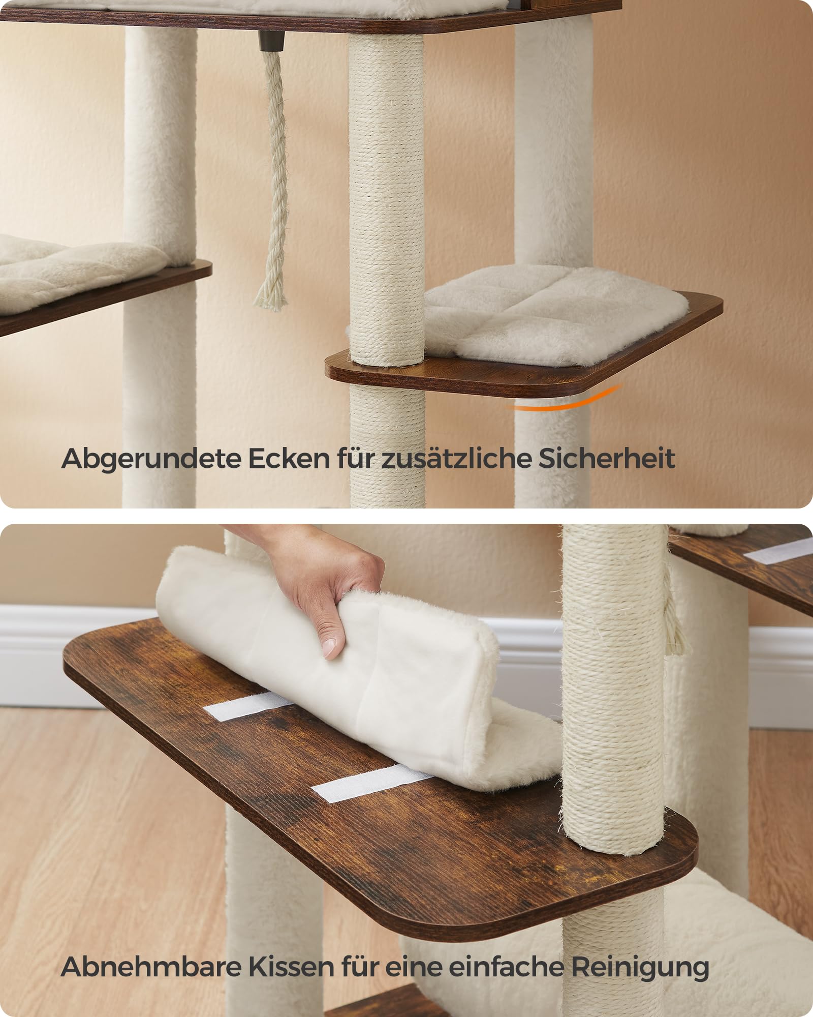 Feandrea Kratzbaum groß, 192 cm hoch, Katzenbaum XXL, modern, mehrstöckiges Katzenhaus mit 2 Höhlen, 2 Liegemulden, 4 Kratzstämmen, Katzenbürste, Tunnel, Plattformen, vintagebraun PCT193X01