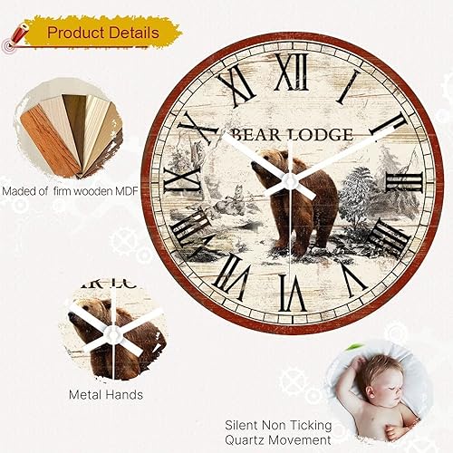 Miniatura 3 de DreamAutumn Reloj de pared de madera vintage rústico envejecido, reloj de pared redondo de madera envejecida, funciona con pilas, sin tictac, oso de