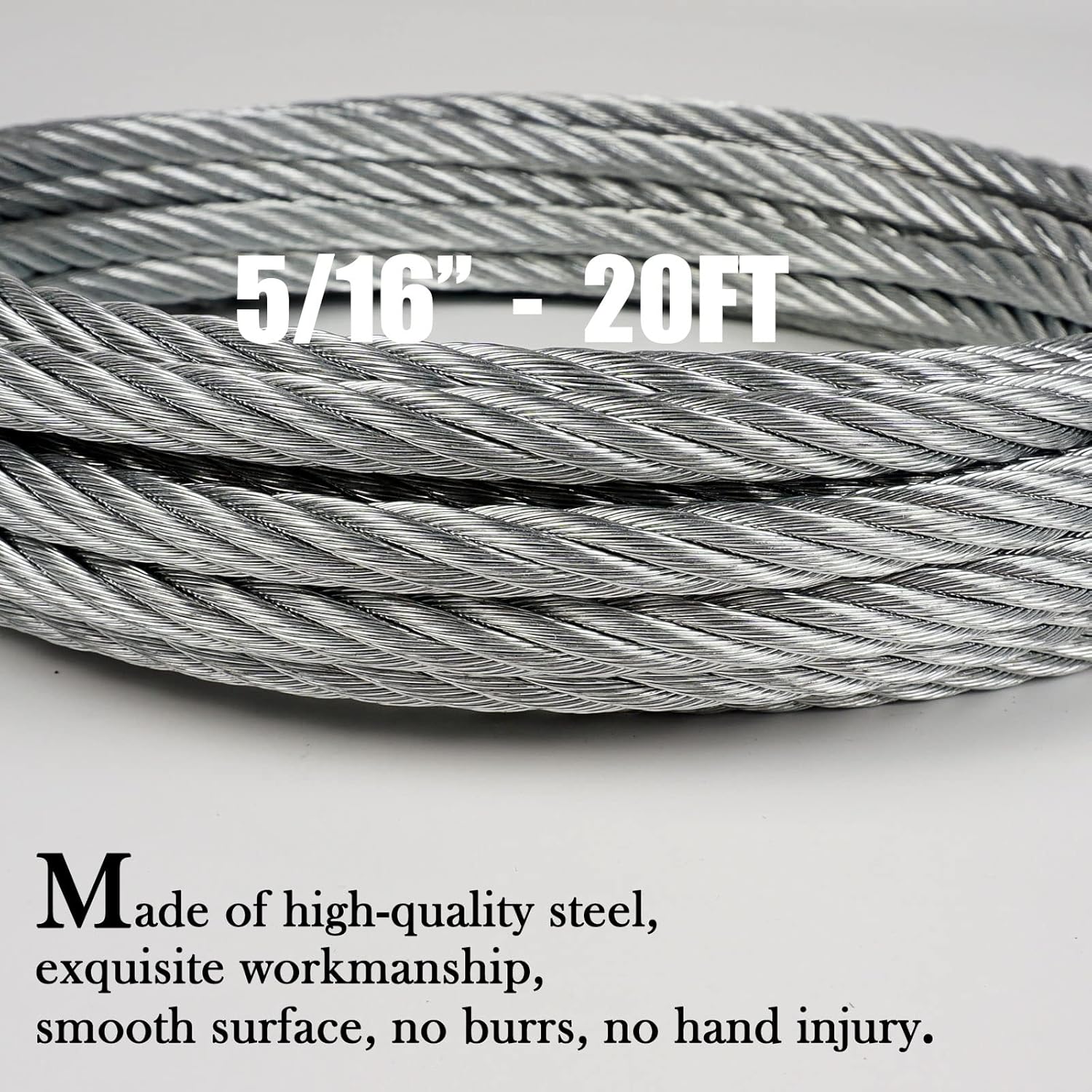 Towing Steel Winch Cable, 5/16” x 20ft Wire Rope with 2 Hooks, 9800LBS Breaking Strength, Heavy Duty Tow Cable