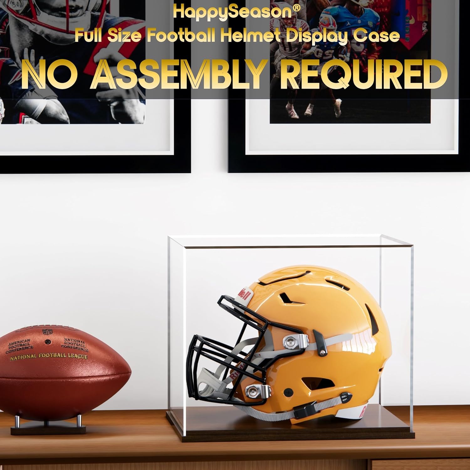 Happyseason Football Helmet Display Case, One-Piece Acrylic, Solid Wood Base, Full Size Helmet Display Case, Sports Collectible Memorabilia, No Assembly Required (Dark Brown, Full Size)