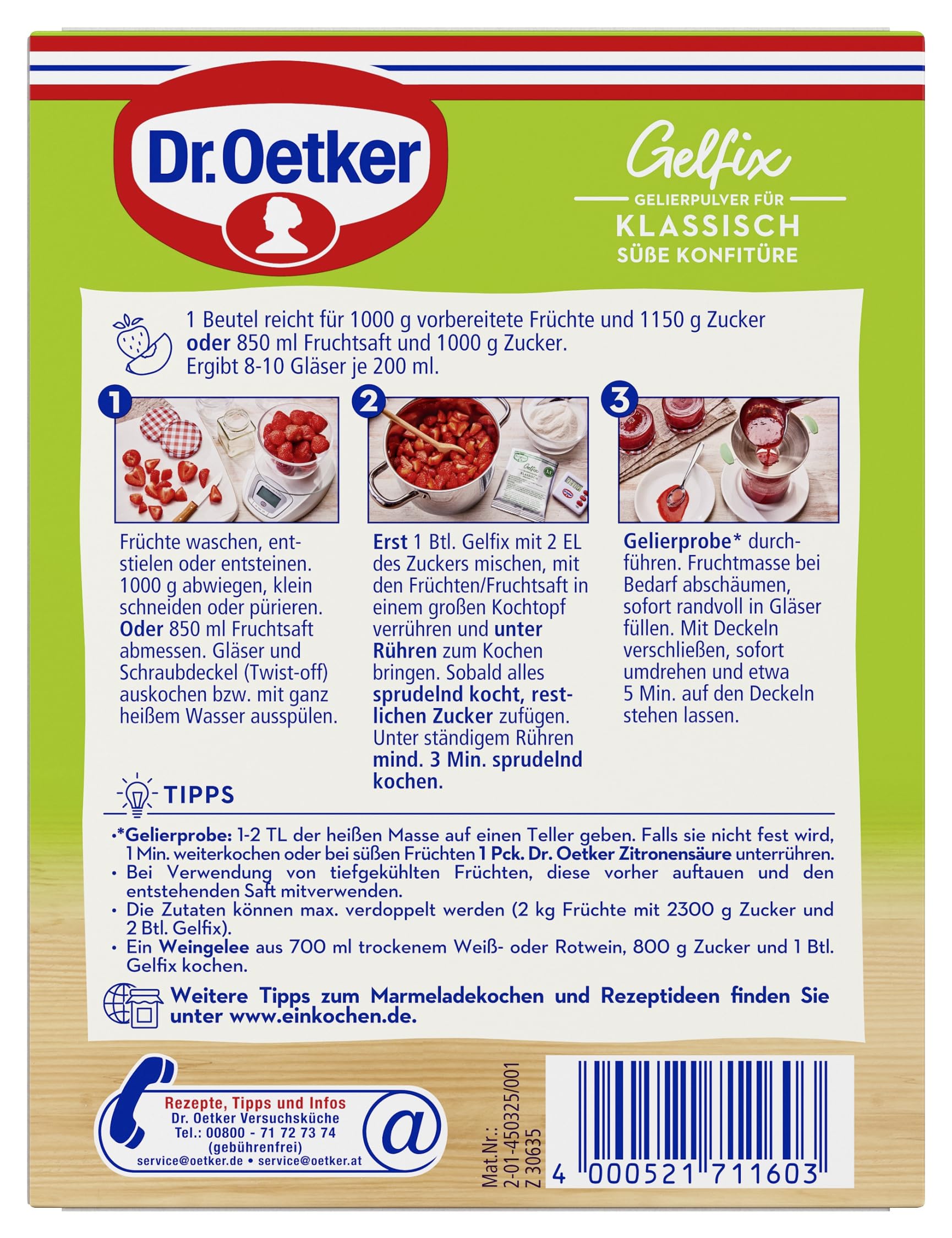 Dr. Oetker Gelfix Classic 1:1, 8 x 60 g (3 Beutel je 20 g), Gelierpulver für klassisch süße Konfitüre, traditionelles Geliermittel, Konfitüren, Marmeladen & Gelees selber machen, gleiches Verhältnis von Frucht und Zucker, vegan