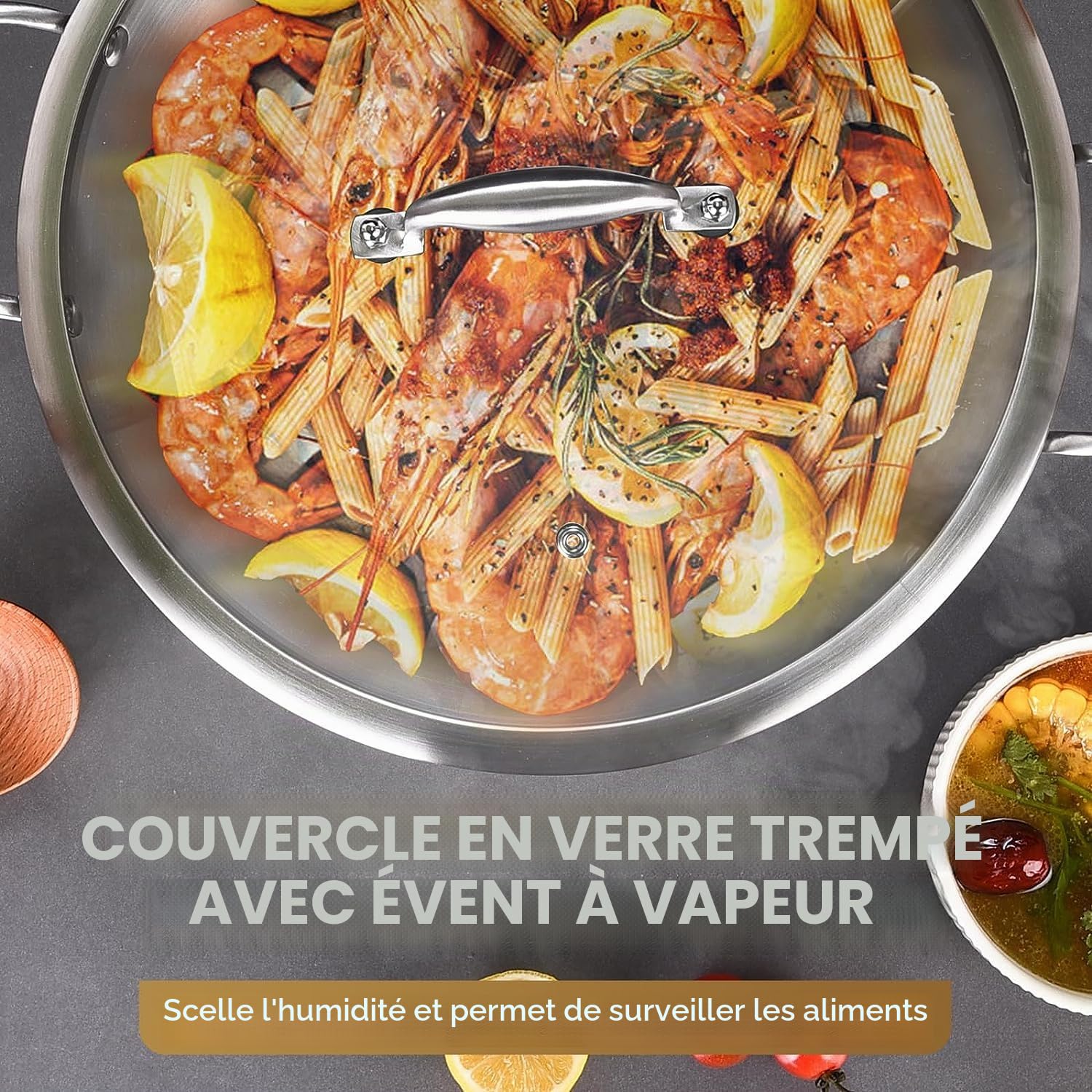 LOLYKITCH Sauteuse 28 cm en acier inoxydable triple épaisseur, capacité 5 L | Acier Inoxydable avec Couvercle en Verre ,Sans Revêtement Antiadhésif , Compatible Induction et Tous Feux ,Sans PFAS