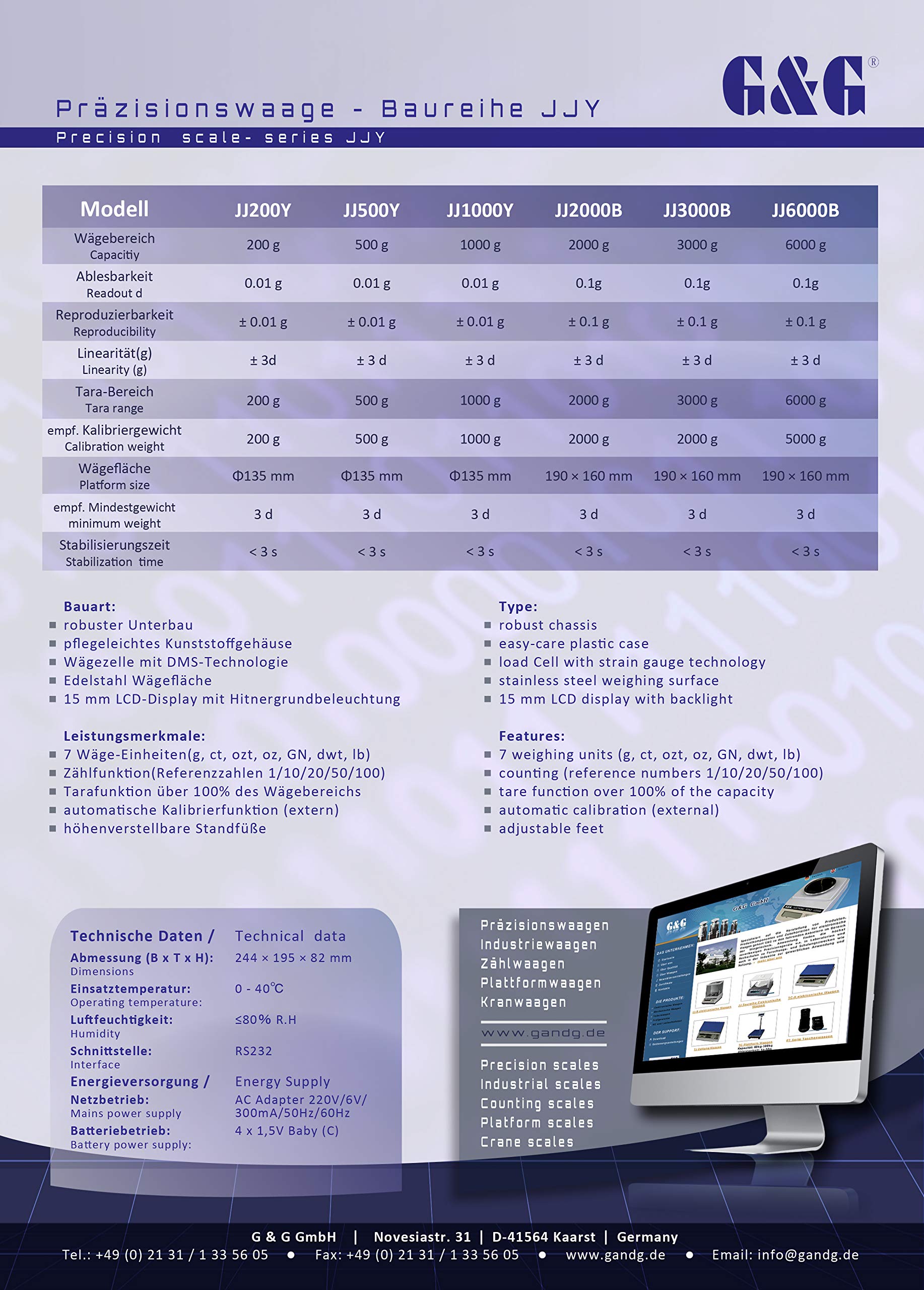 G&G JJ-Y 1000g/0.01g-6000g/0.1g,Baureihe bis 6000g, Versionen ab 0,01g. Netzteil oder Batteriebetrieb, Beleuchtetes LCD-Display, Edelstahl-Wägefläche, Tara-Funktion, Laborwaage Industriewaage