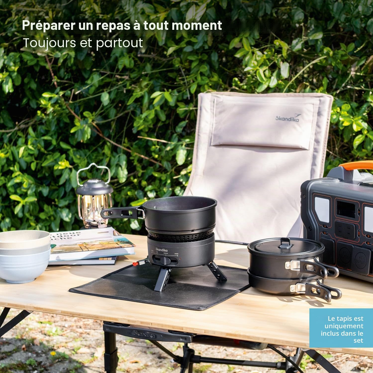 Skandika Réchaud de camping Rask | Fonctionne à l'électricité ou au gaz, allumage piézoélectrique, set avec casserole, poêle, sac | Réchaud à gaz, électrique, plein air, portable