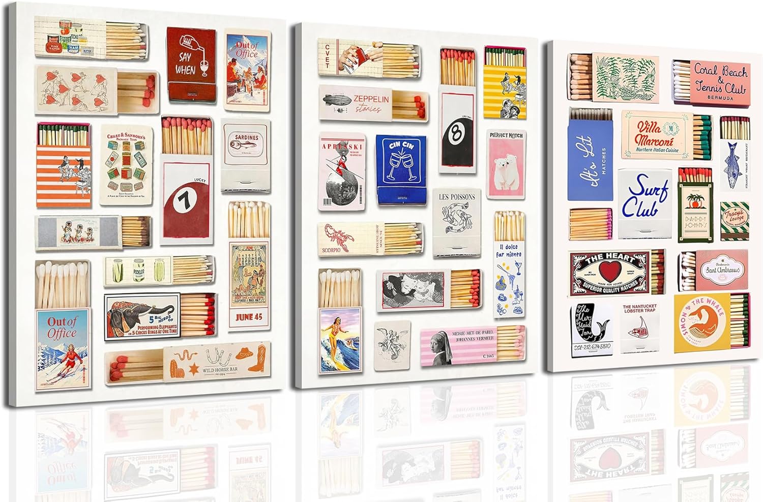 Trendy Matchbook Wall Art Set of 3, Retro Girly Bar Cart Decor, Preppy Matchbox Poster Canvas Prints Aesthetic Picture for Apartment Dorm Living Room Home Framed 16x24 inch Canvas 16x24 inch shuzi Matchox