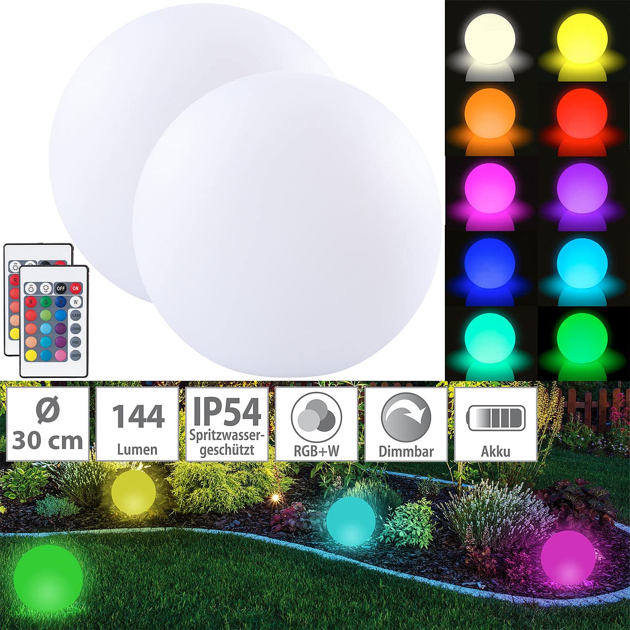 Lunartec LED-Dekokugel: 2er-Set Akku-Leuchtkugeln für innen & außen, Ø 30 cm, IP54, RGBW-LED (Kugelleuchte Tischlampe, Kugelleuchte innen Boden, Farbe)