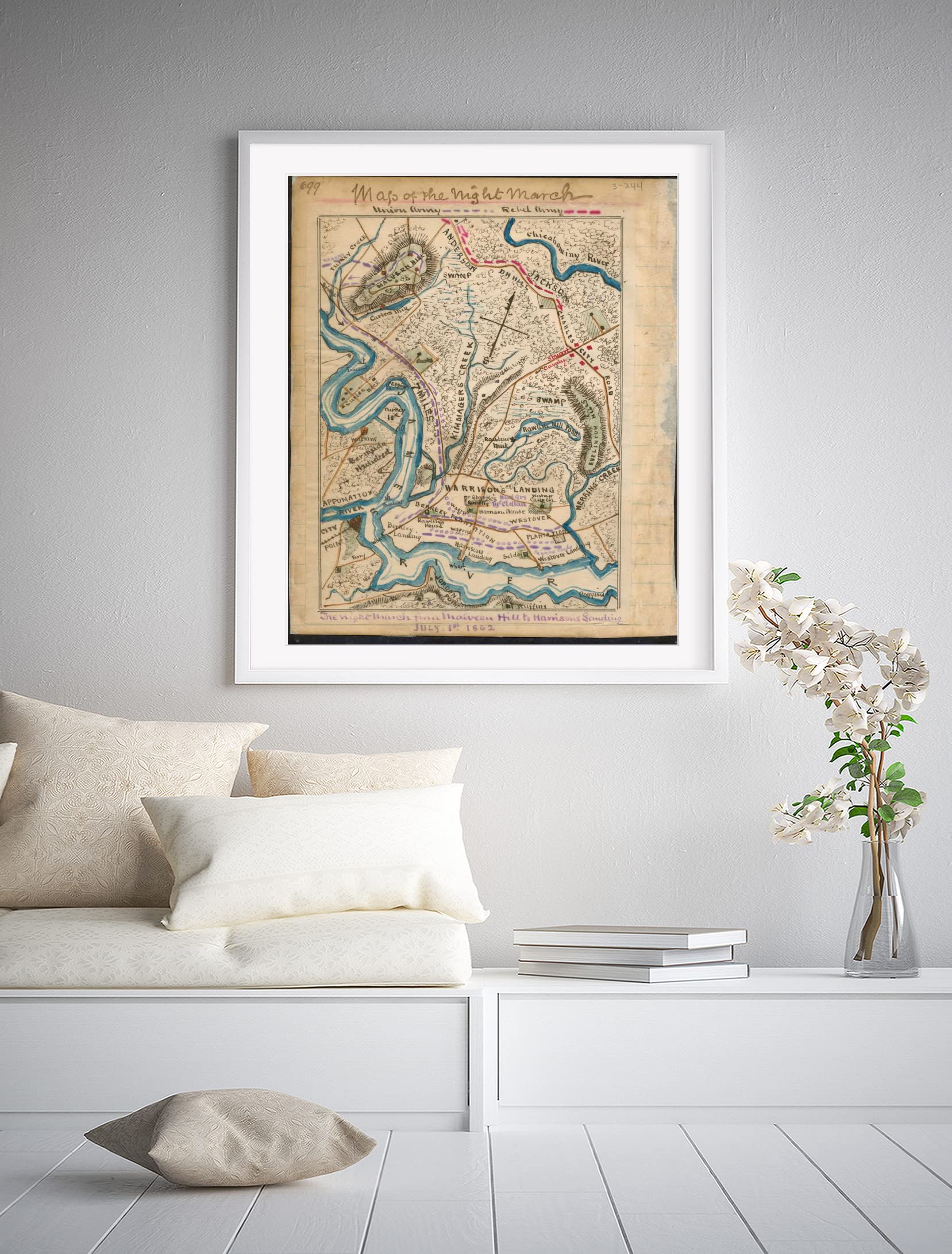 INFINITE PHOTOGRAPHS 1862 Map| Map of The Night March from Malvern Hill to Harrison's Landing| Charles City