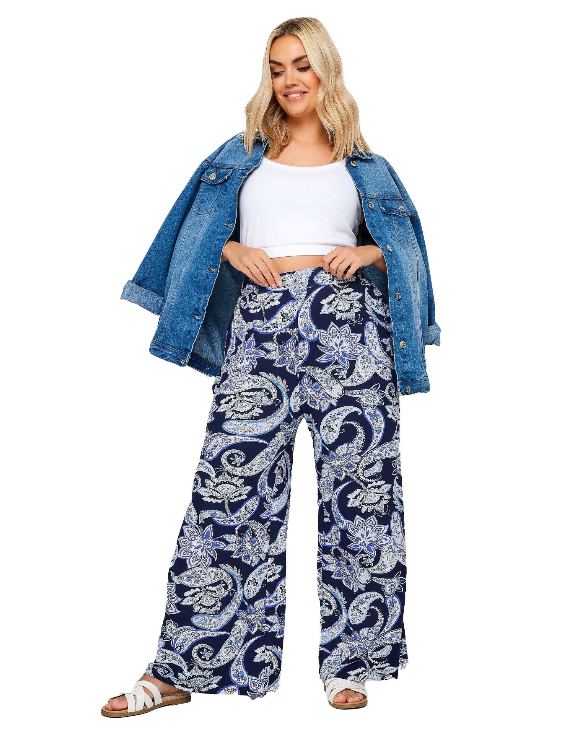 Yours Women's Printed Wide Leg Trousers in Blue | Size: 14