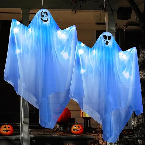JOYIN 2 fantasmas colgantes blancos iluminados de 35.4 pulgadas con luces LED azules, botón funciona con pilas, fantasma volador colgante para