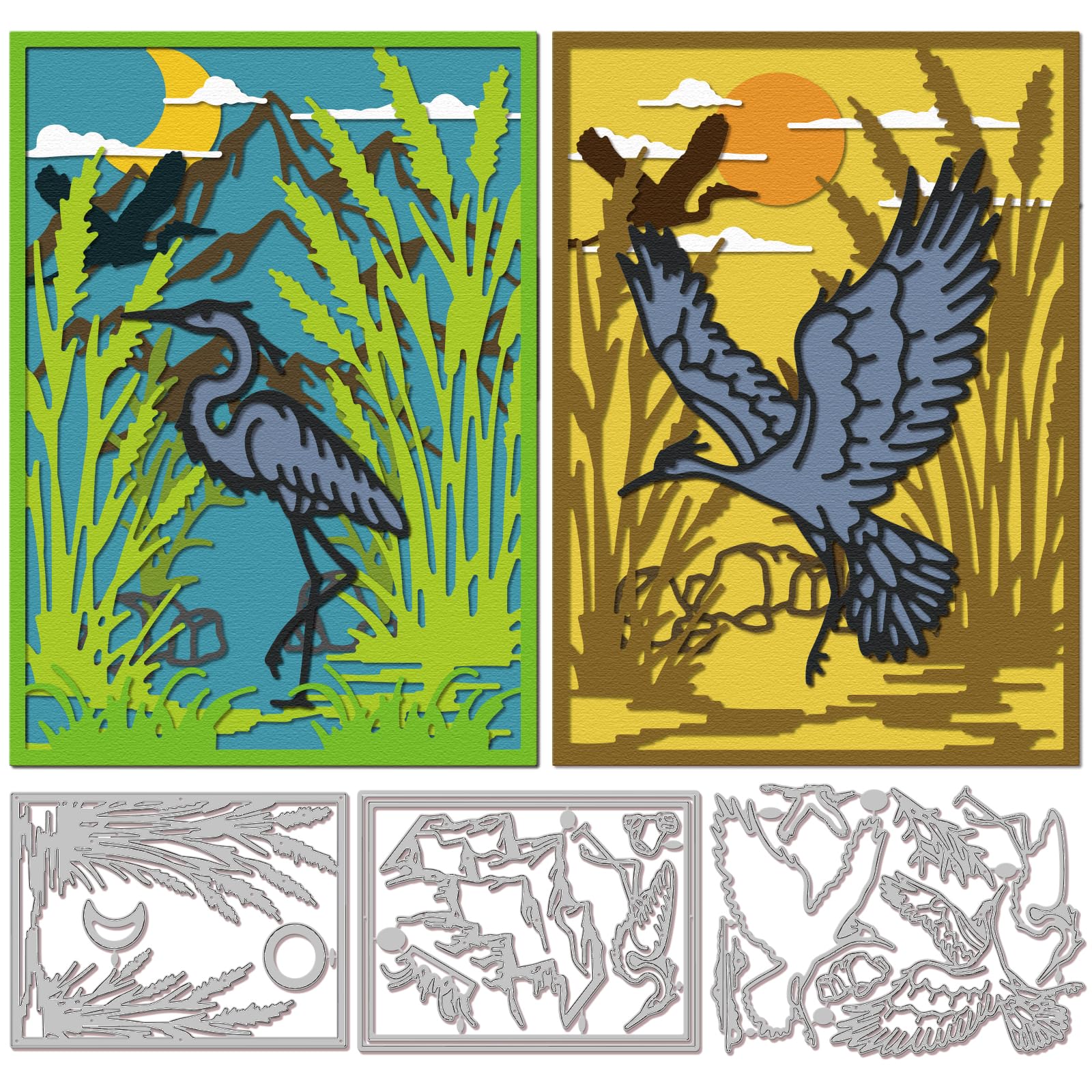 GLOBLELAND Heron Frame Cutting Dies for DIY Scrapbooking Metal Reeds Birds Cut Dies Mountains Die Cuts for Card Making Embossing