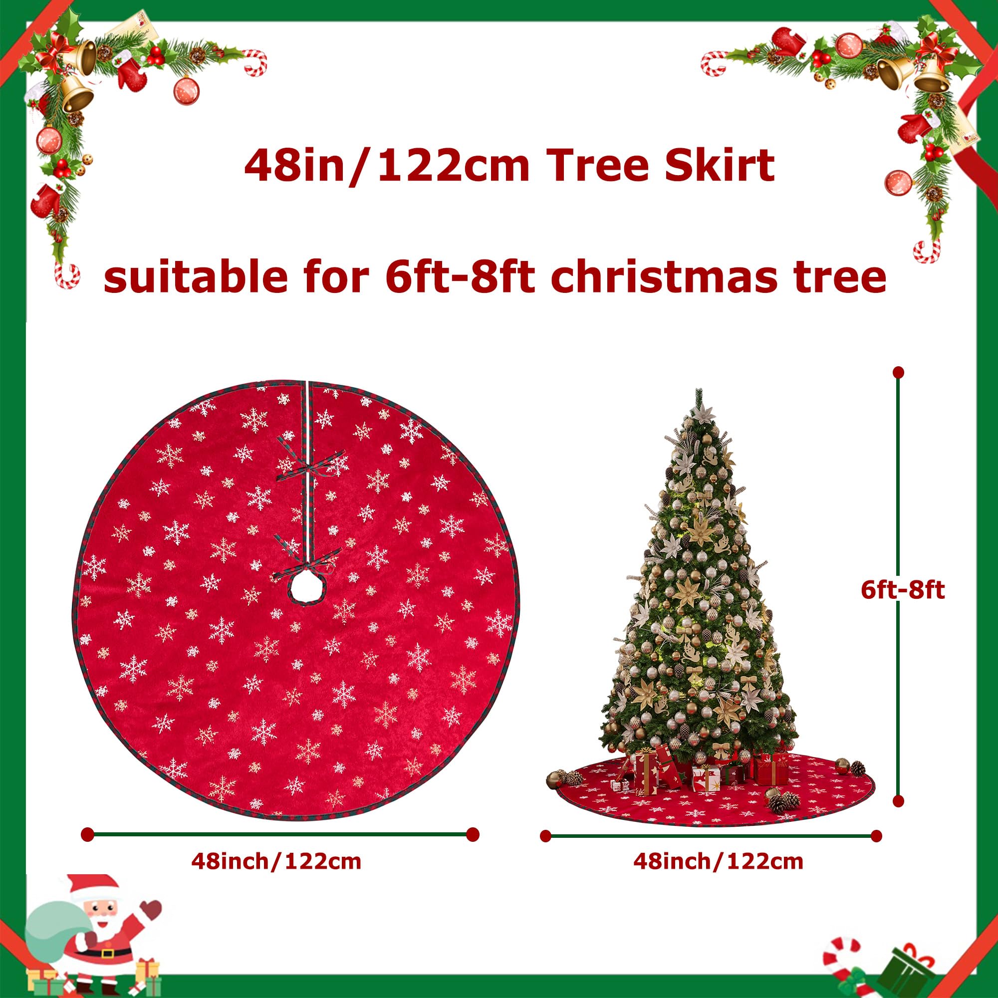 Perseverance Trade Christmas Tree Skirt 48 Inches Christmas Red Plush Tree Skirt with Gold and Silver Sequin Embroidered Snowflakes for Christmas Tree Winter Holiday Party Decor