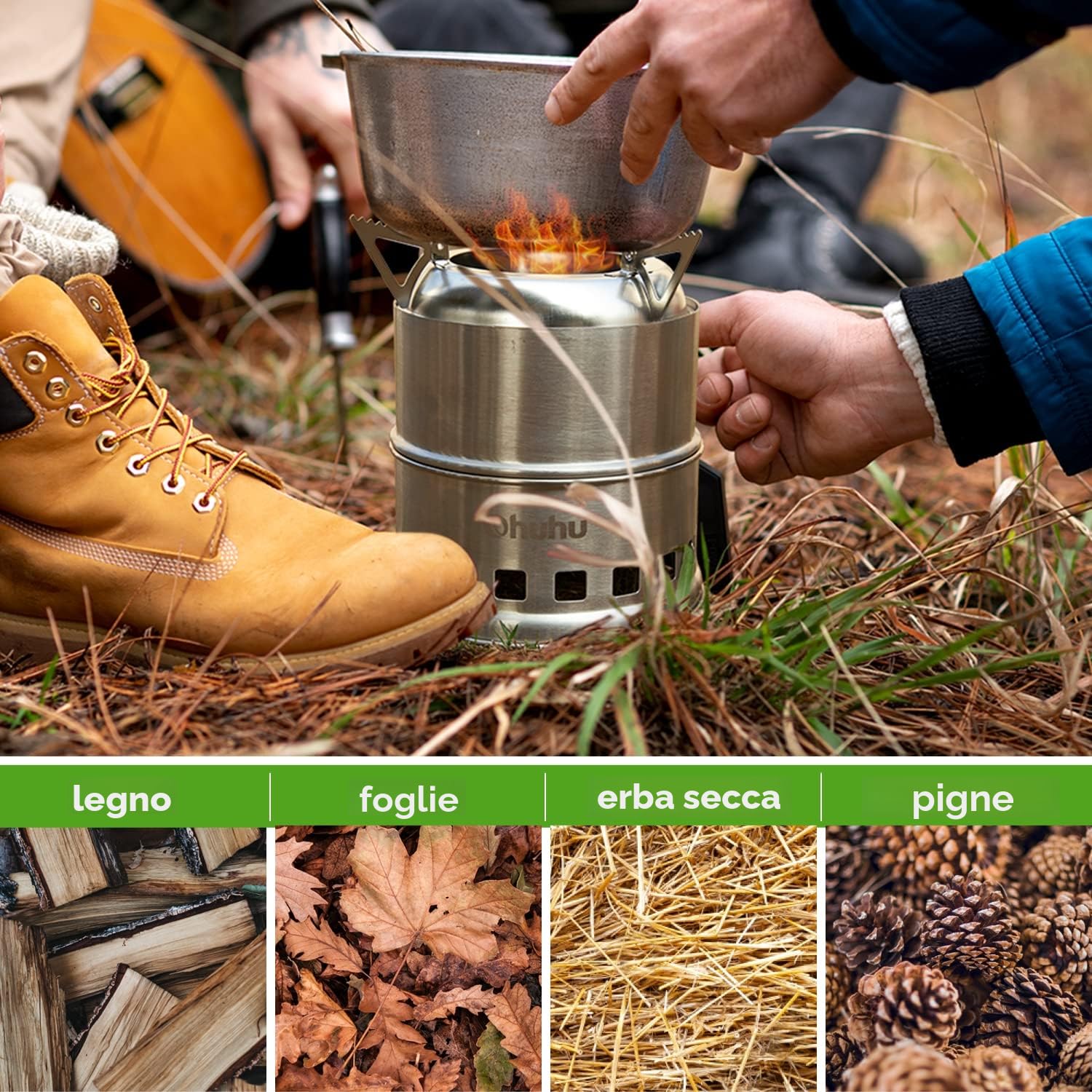 Ohuhu Rocket - Fornello da campeggio leggero in acciaio inox, a base di alcool, portatile, per cucinare all'aperto, picnic, barbecue, escursionismo, con borsa a rete