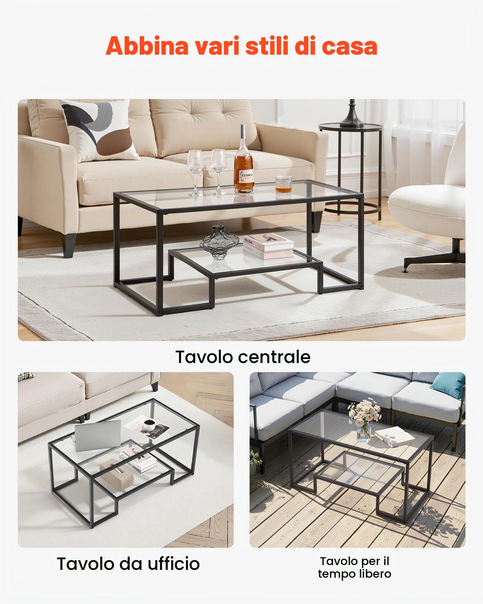 VEVOR Tavolino da Caffè da 100 x 51 x 46 cm in Vetro e Metallo Temperato con Due Livelli e Spazio di Archiviazione Aperto, Tavolino da Salotto Moderno con Struttura per Soggiorno Ufficio Nero