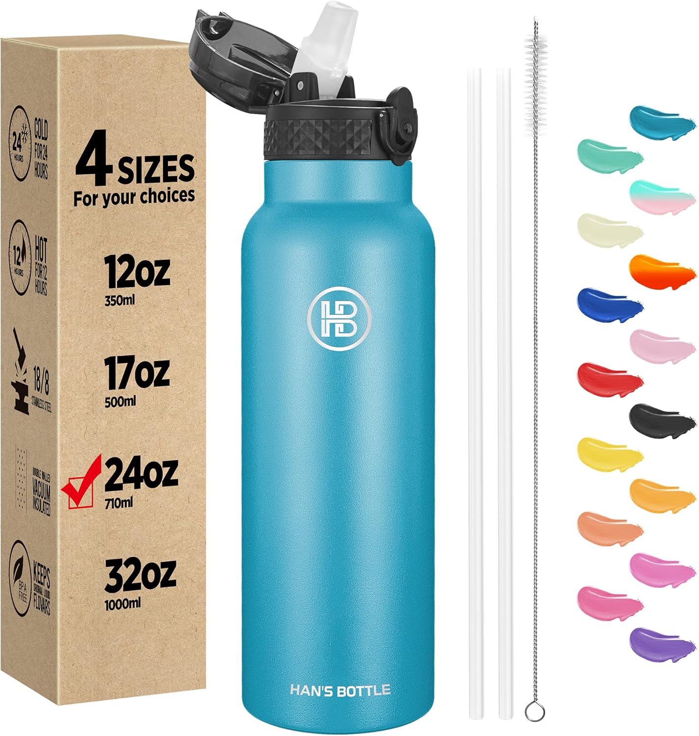 Han's Bottle Sports Water Bottle - 24 Oz, Straw Lid, Leak Proof, Vacuum Insulated Stainless Steel, Double Walled, Thermo Mug,Ocean