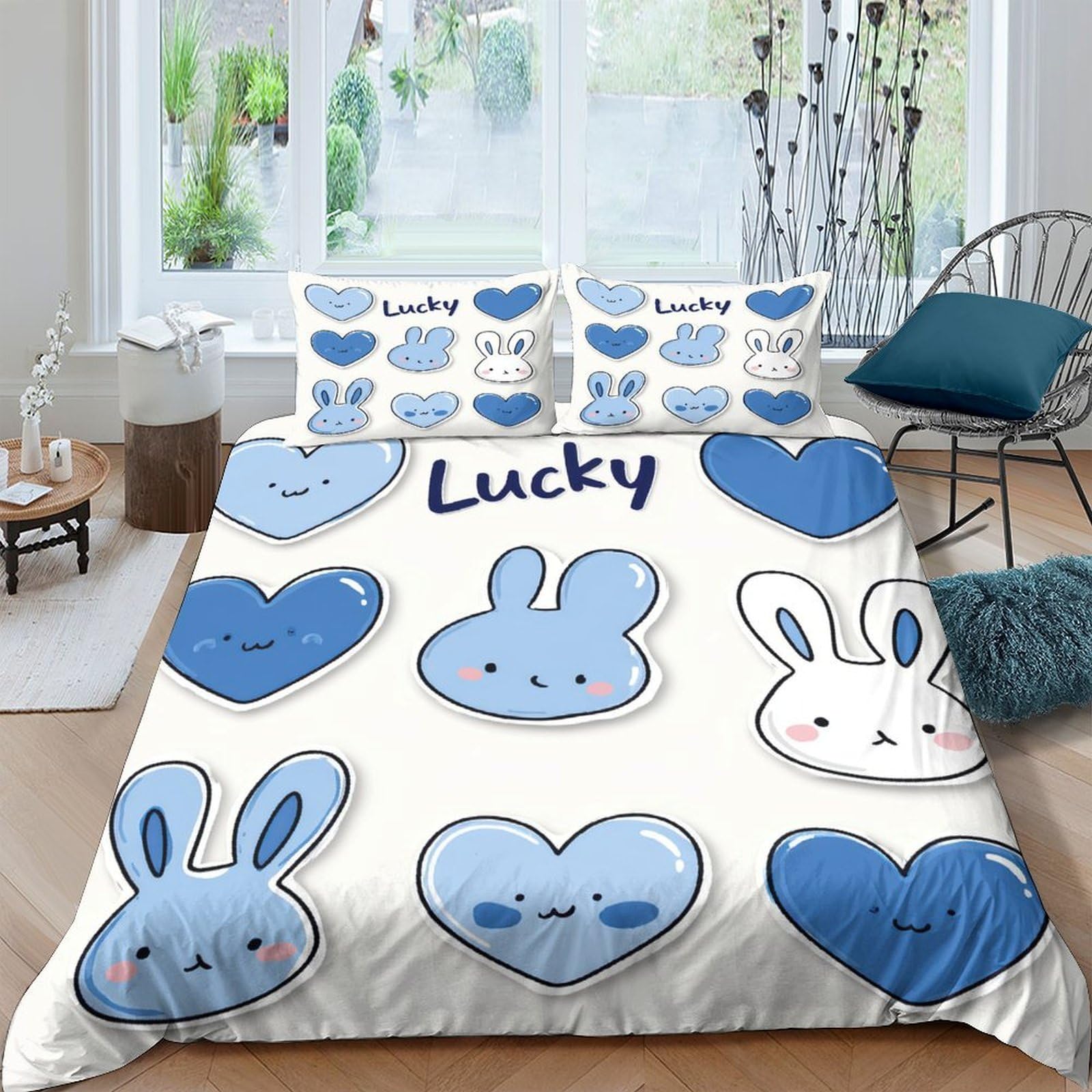 GPLZQXKJNH 3D Printed Blue Cartoon Bunny Duvet Cover Microfiber Soft Breathable Heart Bedding Set with 2 Pillowcases for Bedroom Décor Single（135x200cm）