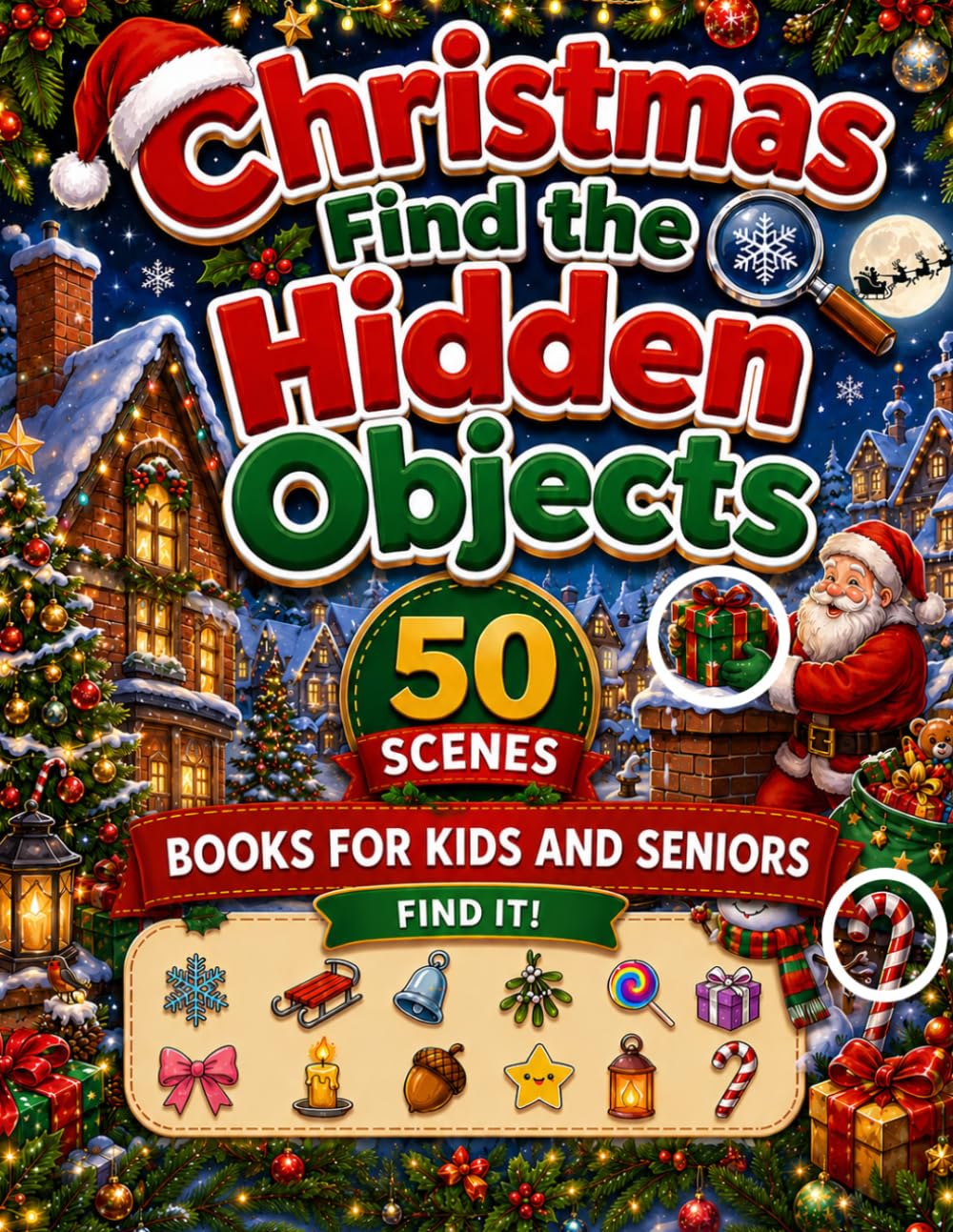 Christmas Find the Hidden Objects Book for Kids and Seniors: 50 Festive Seek and Find Picture Puzzles for Holiday Fun