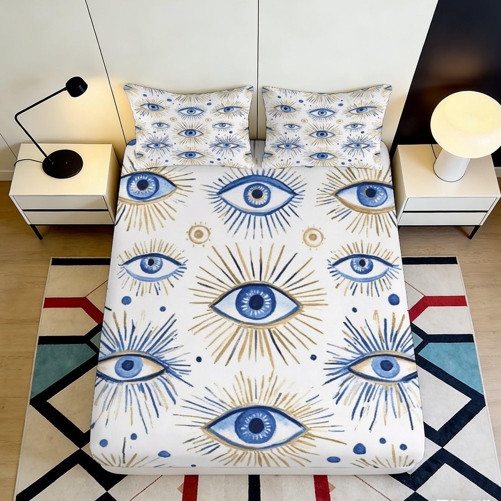 3D Printed Mystic Eye Fitted Sheet Microfiber Deep Pocket Non-Slip Eye Pattern Mattress Fitted Cover Bedroom Set for Adults Teens 140x200x25cm