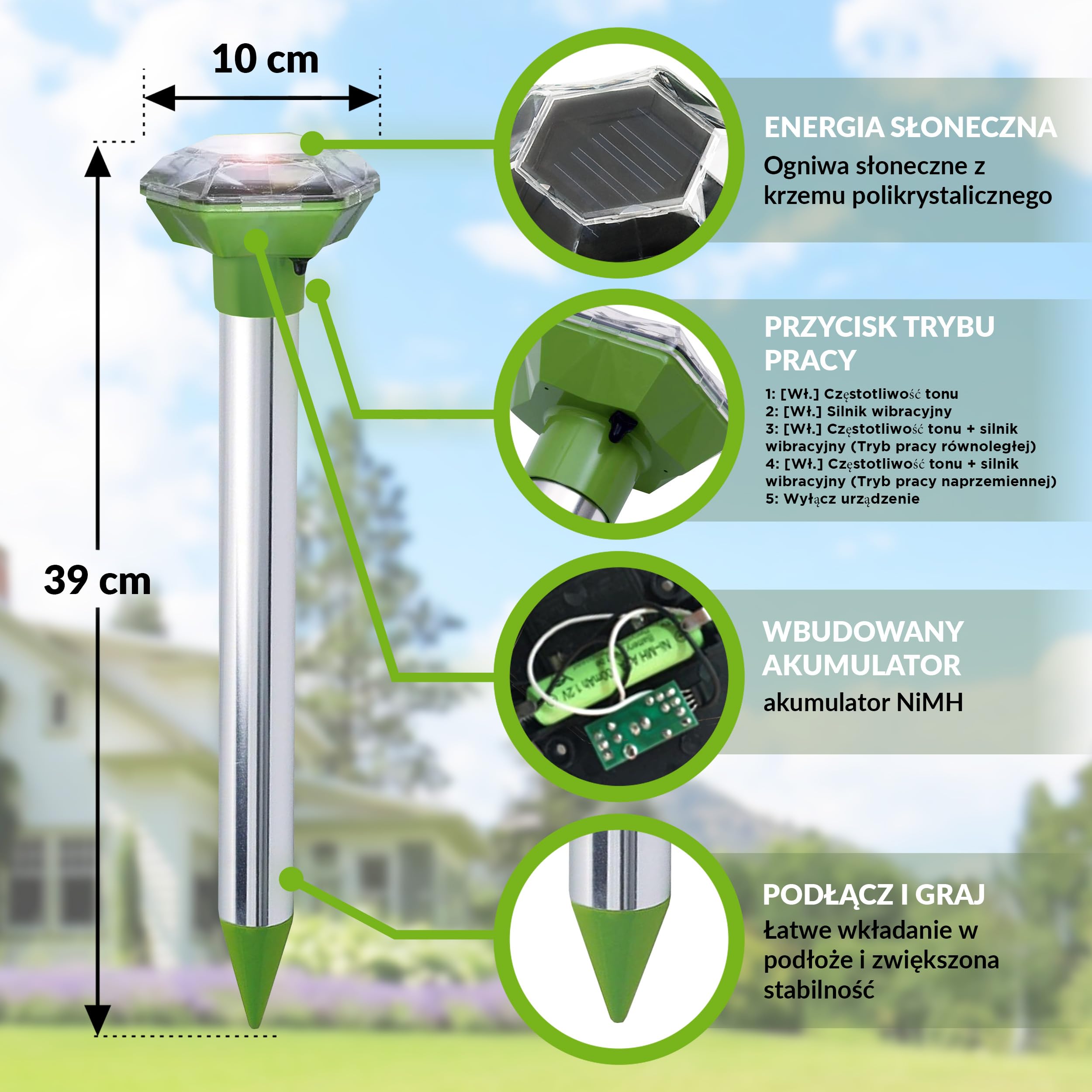 ISOTRONIC Solarny odstraszacz kretów, norników i węży – Z kolcem do wbijania w ziemię – Do ogrodu i na trawnik – Skuteczna ochrona – Zasięg 1250 m² (1 sztuki)