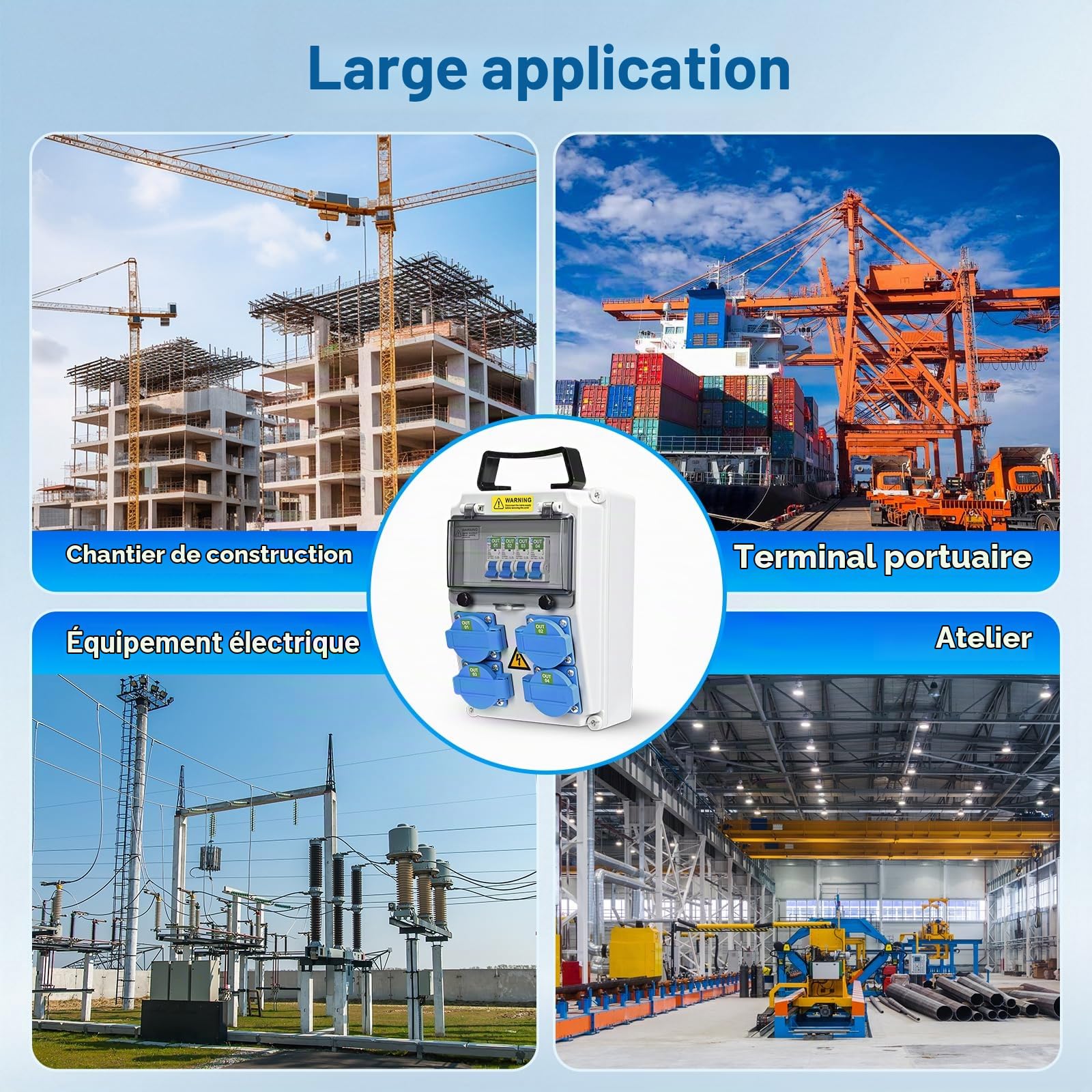 Coffret Électrique de Chantier 4×230 V, IP54 16A Coffret Chantier Répartiteur Mural avec Disjoncteur, Distributeur de Puissance pour Ateliers, Chantiers et Usines