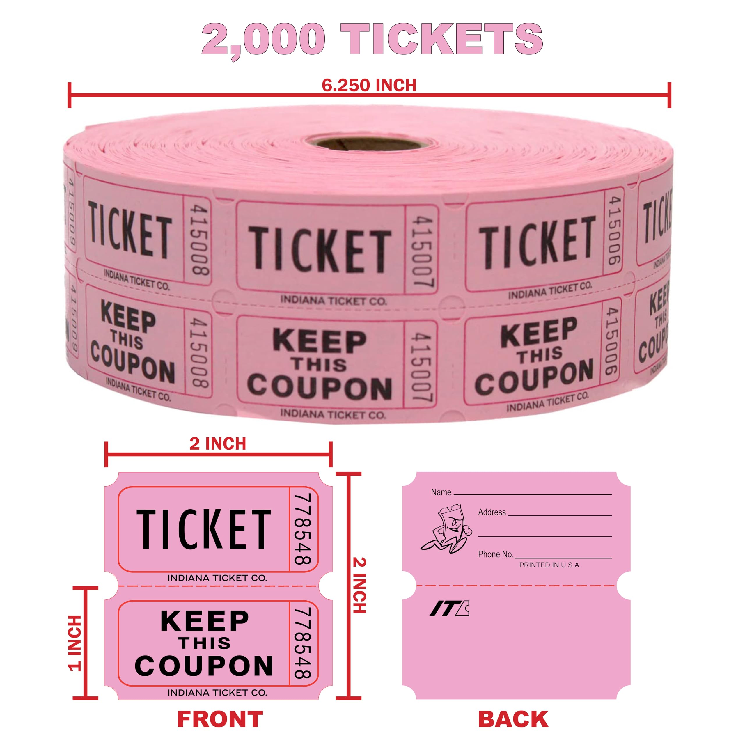 INDIANA TICKET CO. 2.000 boletos rosados para rifa de doble rollo, boletos de rifa 50/50 de alta calidad, boletos para eventos, carnavales, premios de puerta, bebidas y más