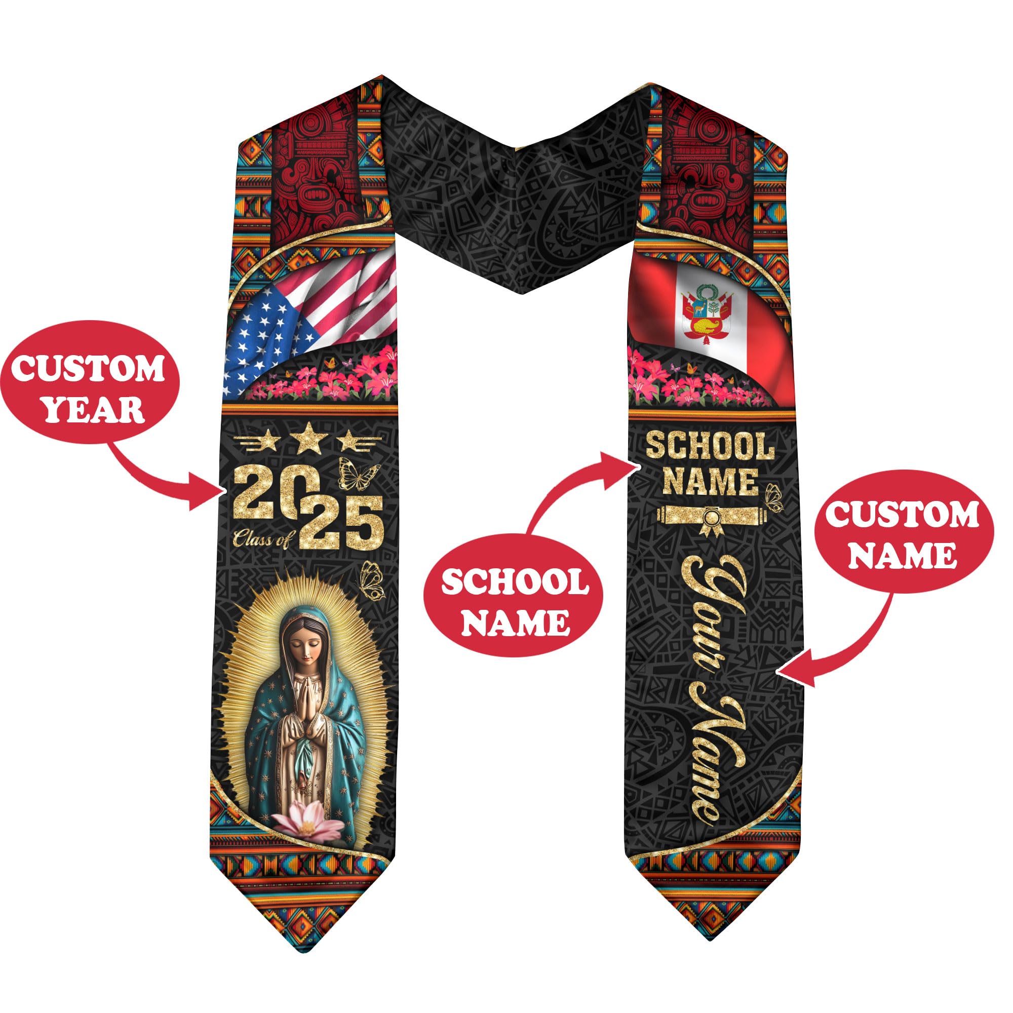 VATANAS Custom Peruvian Graduation Sash, Customized Peru Graduation Stole 2025, Class Of 2025, Peruvian American Flag 2