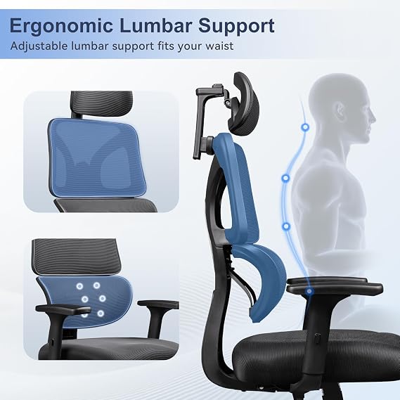 DEVAISE Office Chair Big and Tall Reclining Ergonomic Desk Chair for Long Hours, Comfy Breathable Mesh, Adjustable Armrests with Lumbar Support, Black
