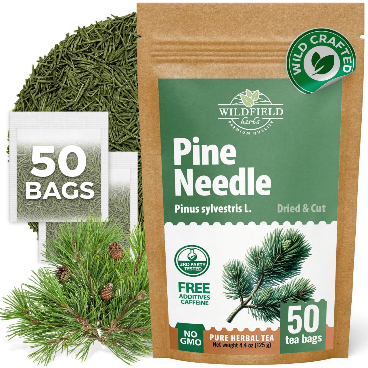 50 Bags Pine Needle Tea Dried Pine Needles Herb Tea (Pinus Koraiensis) - 50 Count 2.5g Bags Dried Needle Leaf Aguja De Pino