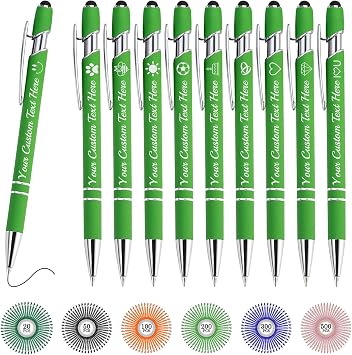 Custom Pens Bulk Personalized Ballpoint Pen with Stylus Tip Customized Engraved Pens with Name Logo Soft Black Ink with Touch Metal Office for Business Office Teacher School Corporate Gifts L-Green
