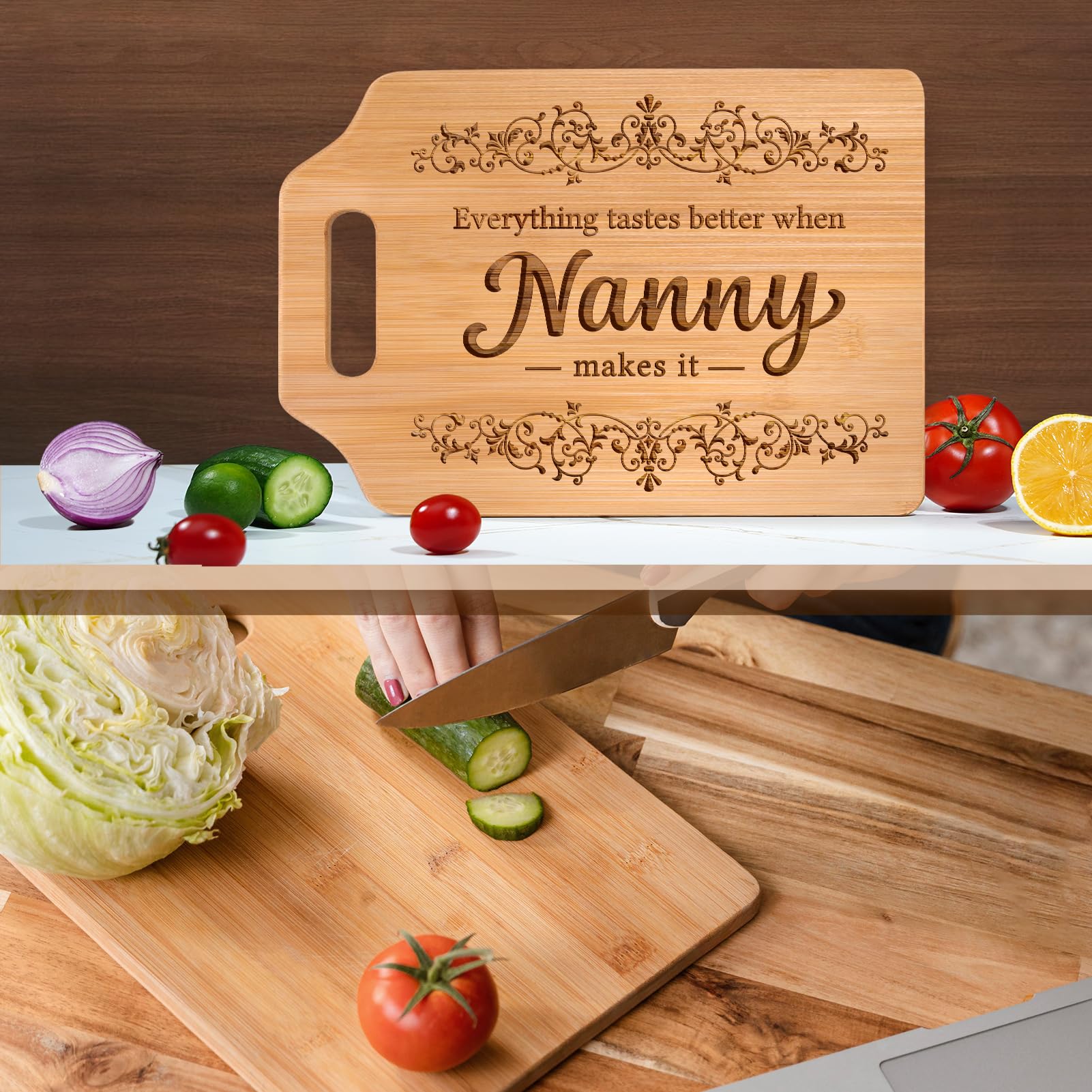 AceThrills Nanny Gifts for Nanny for Birthday from Grandkids - Engraved Bamboo Cutting Board 12.3"L × 8.7"W × 0.4"Th