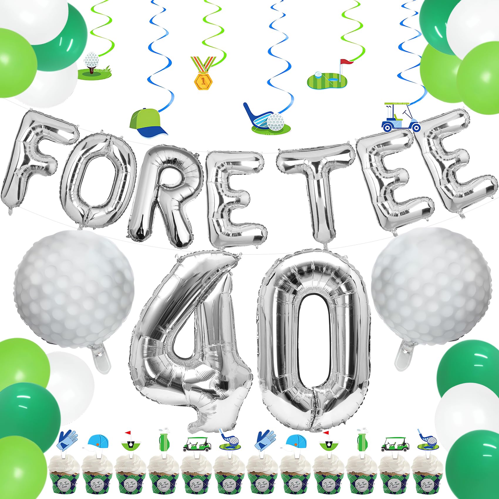 PARLONTY Fore Tee 40 Golf Ball Themed Happy 40th Birthday Decorations for Men, 40th Birthday Party Decorations, 40 Balloons, Golf Party