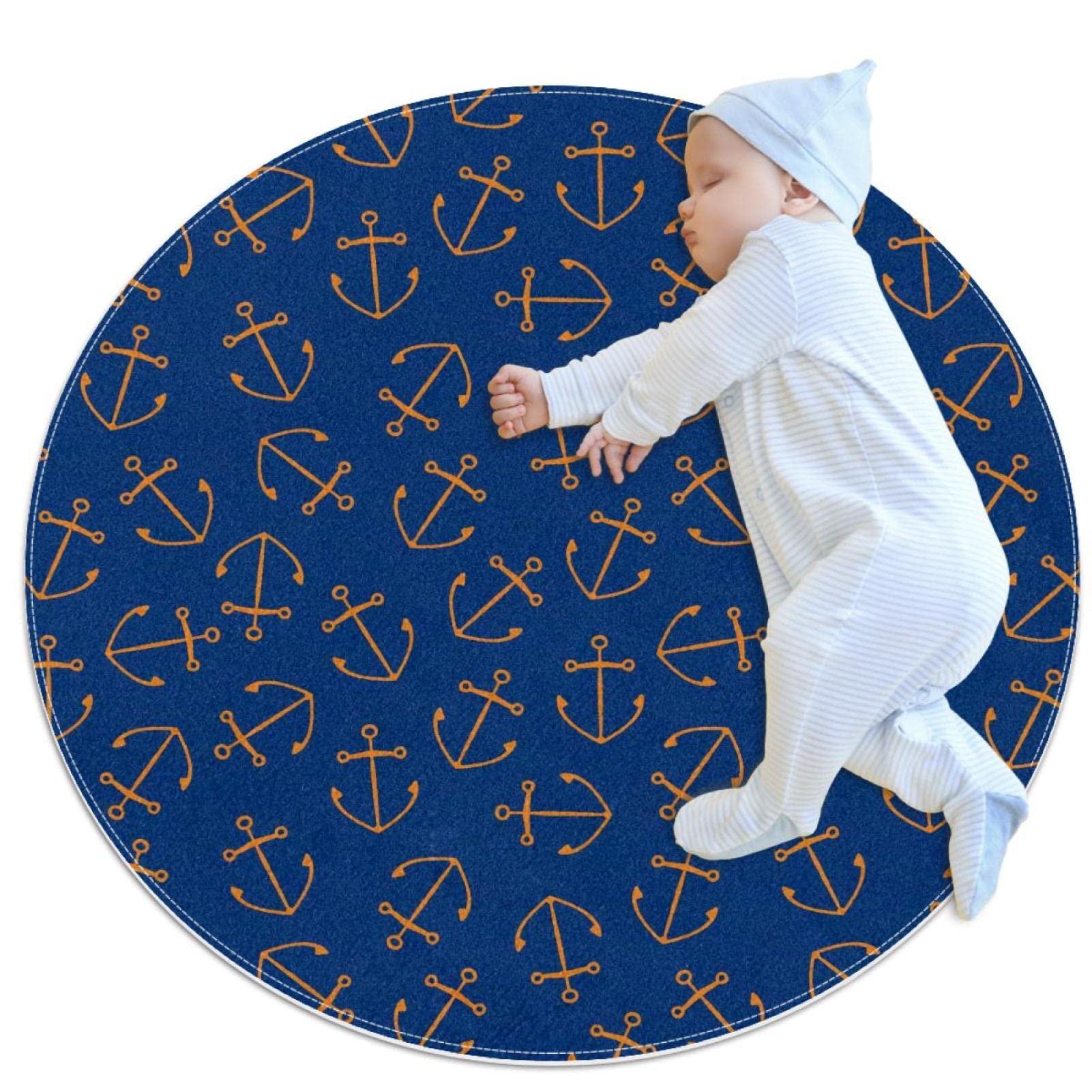 Tapis de salle de bain bleu à motif ancre marine de forme ronde diamètre 1m