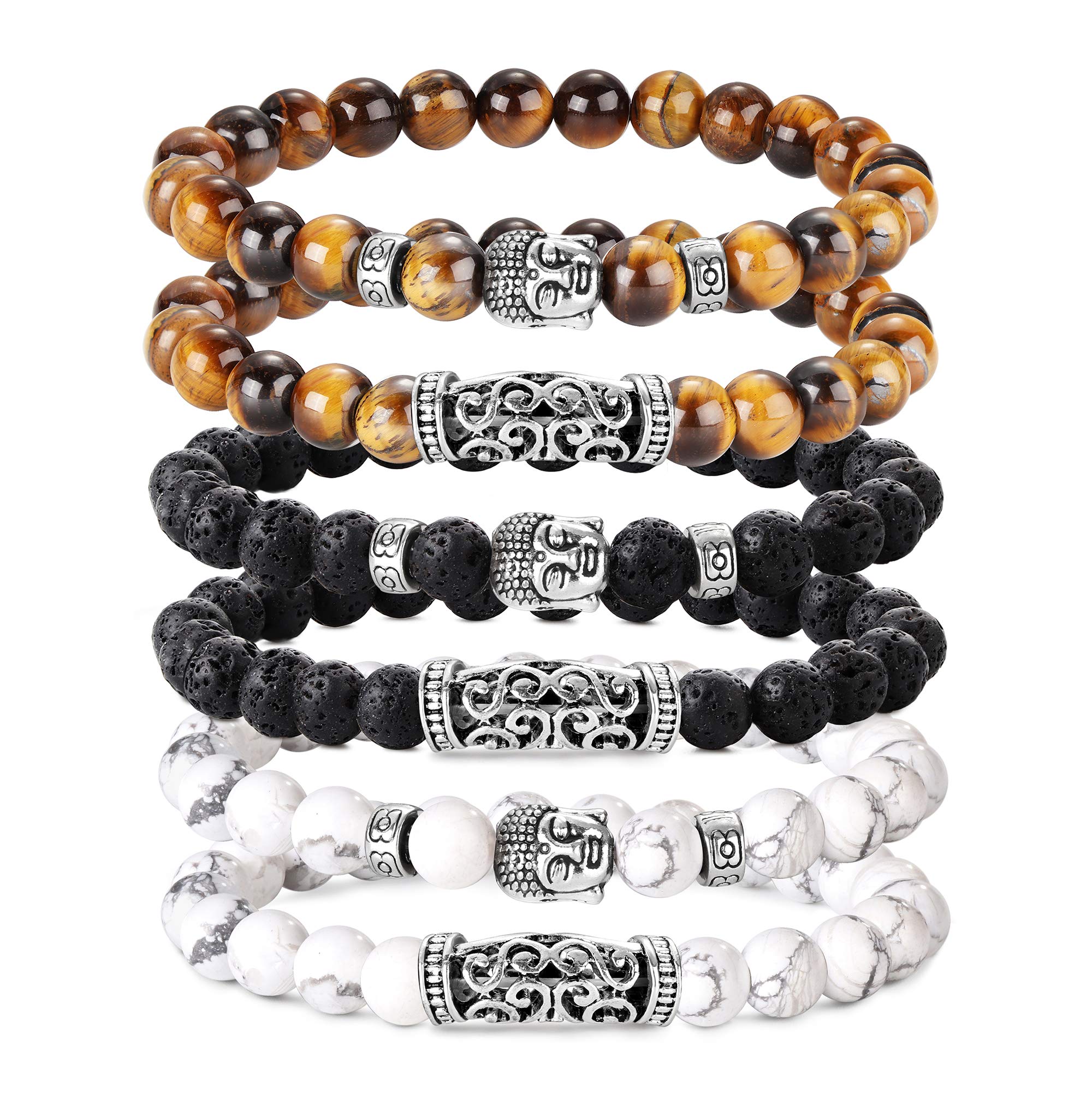 BESTEEL6PCS 8MM Bolas Pulseras para Hombre Piedra Volcánica Pulsera de Ojo de Tigre Amarillo Pino Blanco de Buda Cabeza Pulsera Rock Gotica Punk de Pulsera Set