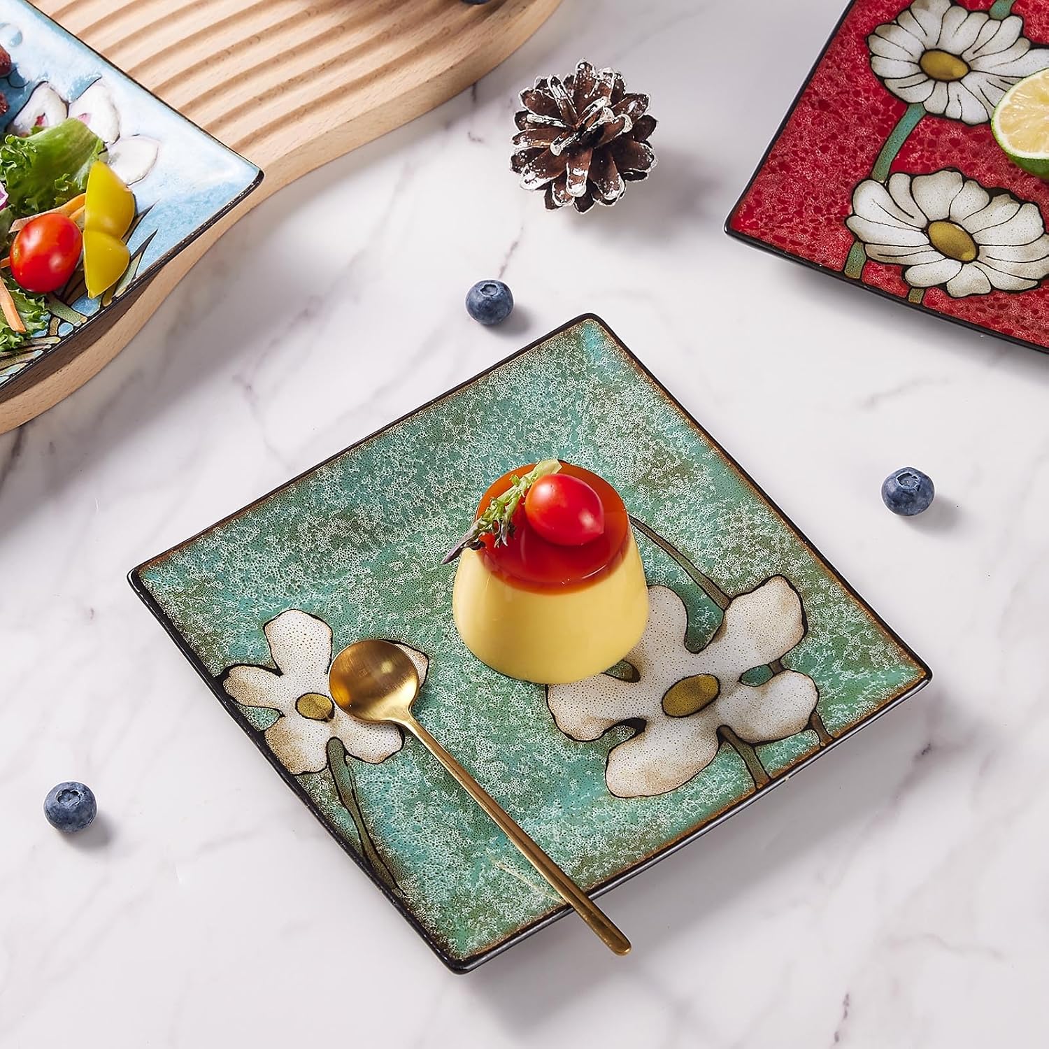 Porcelain Square Dessert Salad Pasta Plates 11 inches ceramic plates set of 4 Stackable Dinner Plates for Steak, Pasta, Salad, Snacks, Dessert，Microwave and Dishwasher Safe (Multicolor A, 11 Inch)