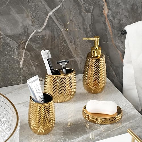 Miniatura 5 de Juego de 4 accesorios de baño, accesorios de baño de cerámica dorada completos con dispensador de jabón, soporte para cepillos de dientes, vaso de