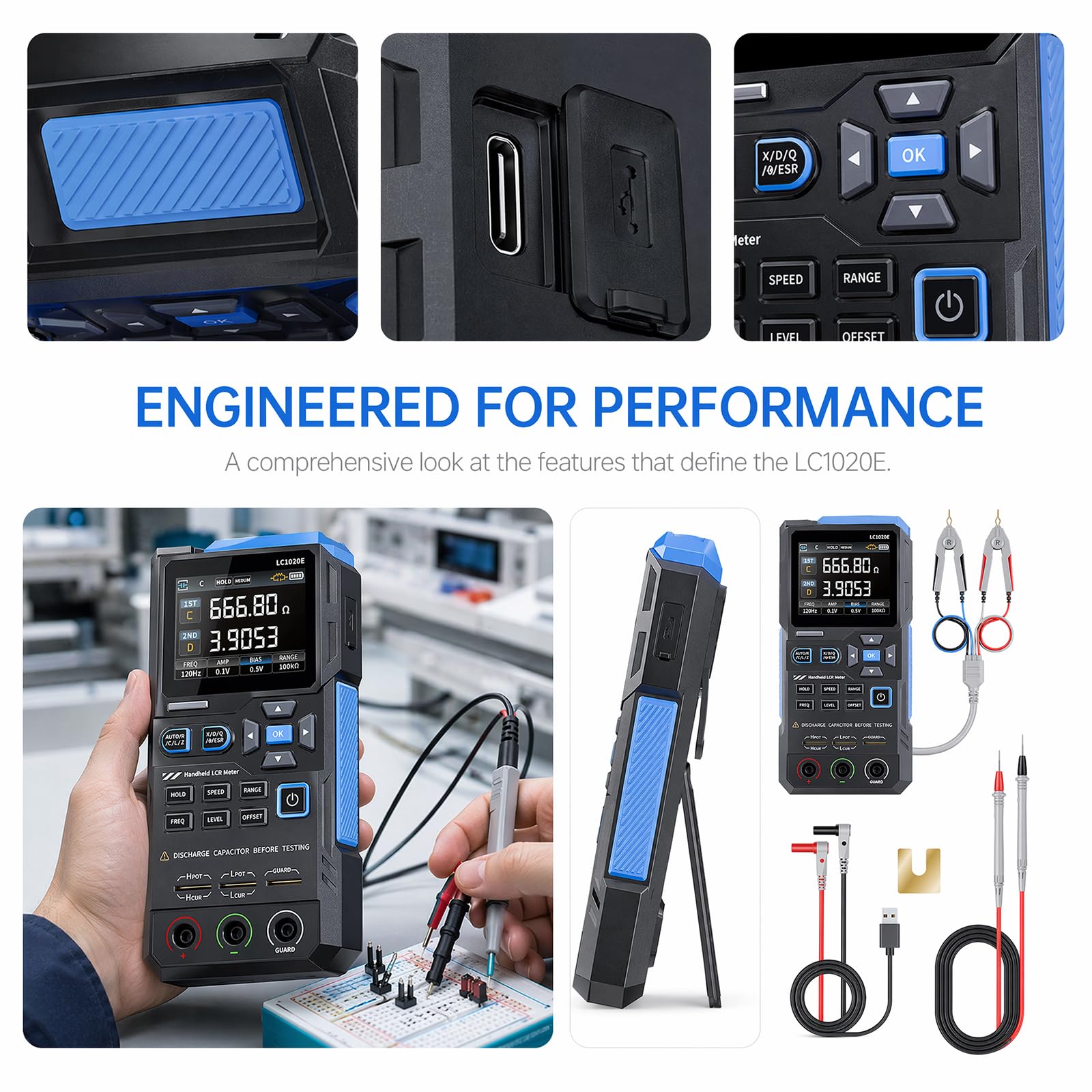 LCR Messgerät, LCR-Meter Digitalbrücke Einstellbare Frequenz 100 Hz -100 kHz Tragbarer Digitaler ESR Tester mit LCD-Display unterstützt Kapazitäts-, Widerstands- und Induktivitätsmessungen LC1020E