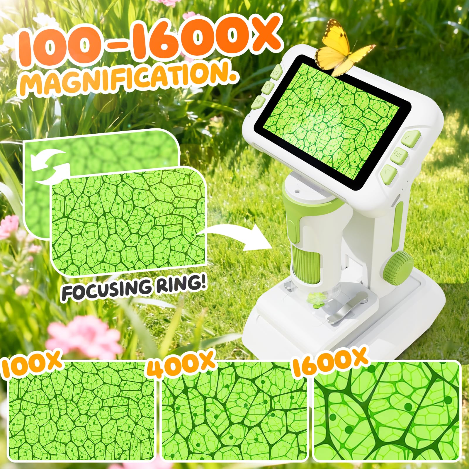 1600X Microscopio para Niños, 4.0" Pantalla Microscopio Digital con Kit de Portaobjetos y 6 Luces LED, Juguetes Ciencias Educativas, Niños Alumnos de 3 a 12 Años