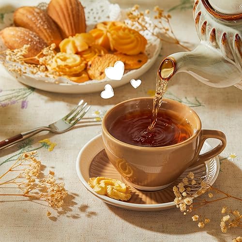 Miniatura 4 de Sweese Juego de 4 tazas de capuchino de 6 onzas con platillos, tazas de café expreso dobles de porcelana, color amarillo