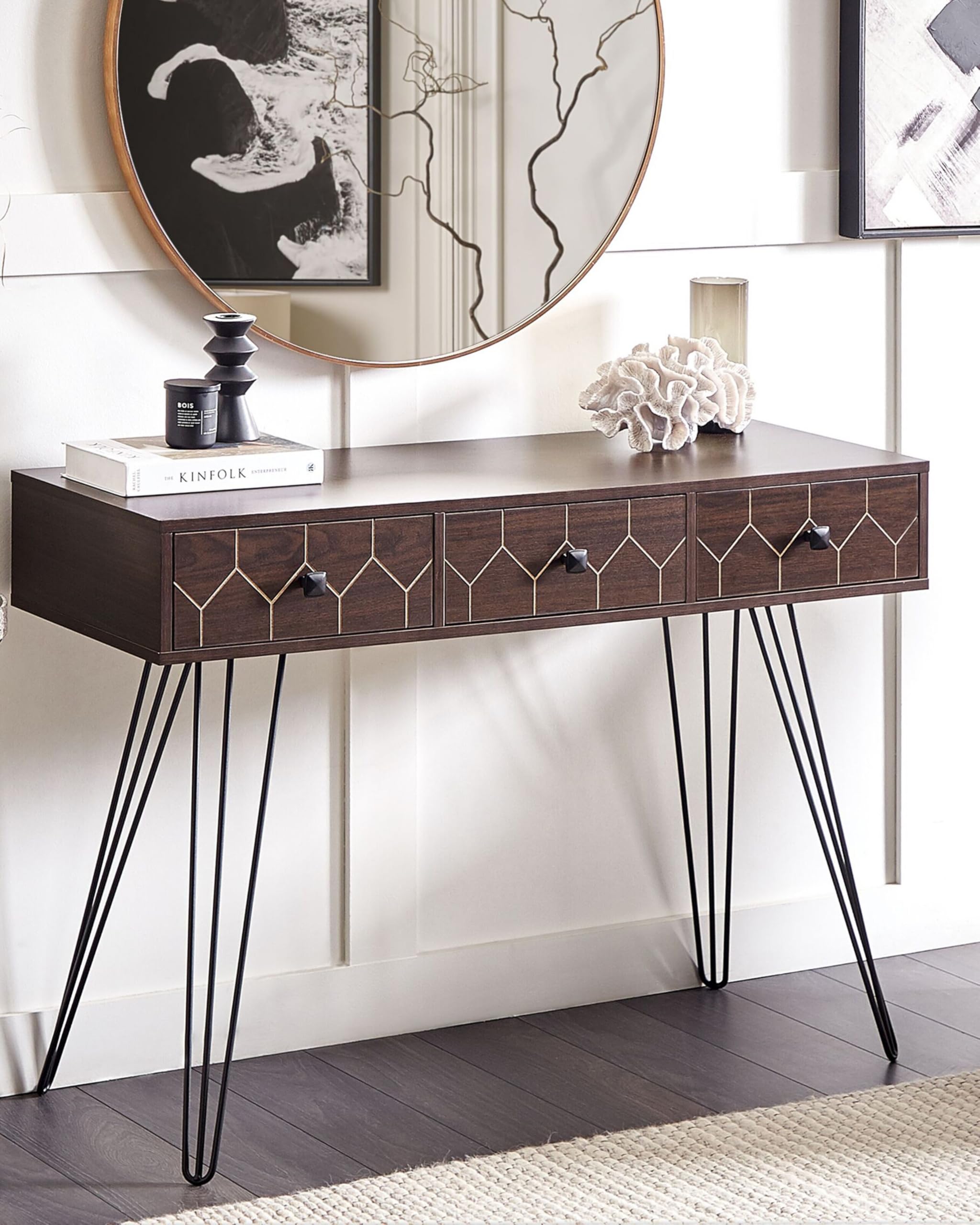 Tavolo consolle glamour effetto marmo piano bianco gambe in metallo