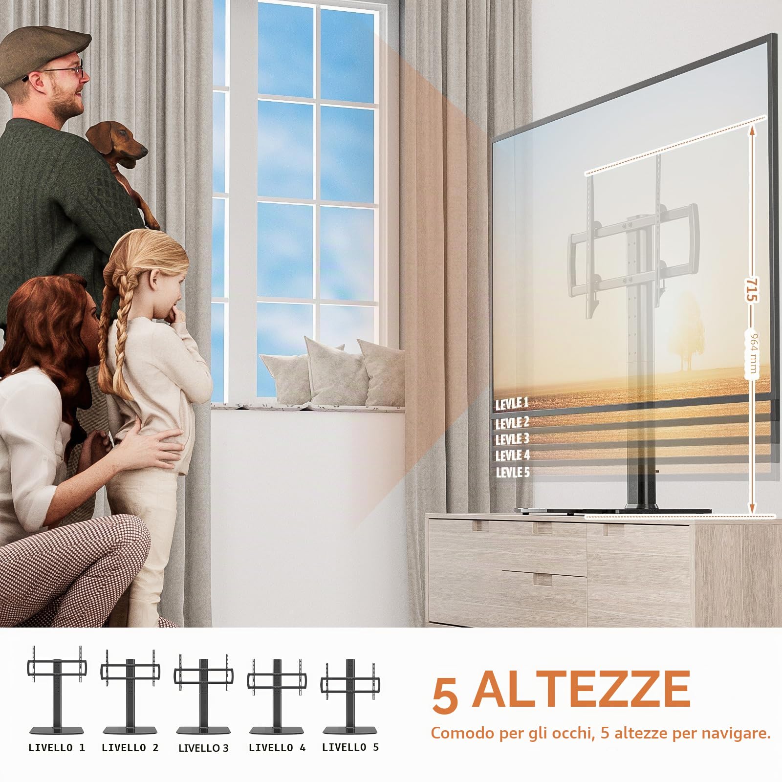 Hemuduplus Supporto TV da Tavolo per 40 a 86 Pollici, Supporto TV Girevole 110º, Staffa TV 5 Livelli Regolabili in Altezza, Supporto TV Rotazione Appoggio, Regge Fino a 60 kg, Max Vesa 600X400mm