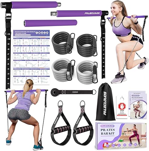 Pilates Bar Kit with Resistance Bands for Women, Multifunctional 3-Section Screw Pilates Bar with Metal Adjustment Buckle and Training Poster,