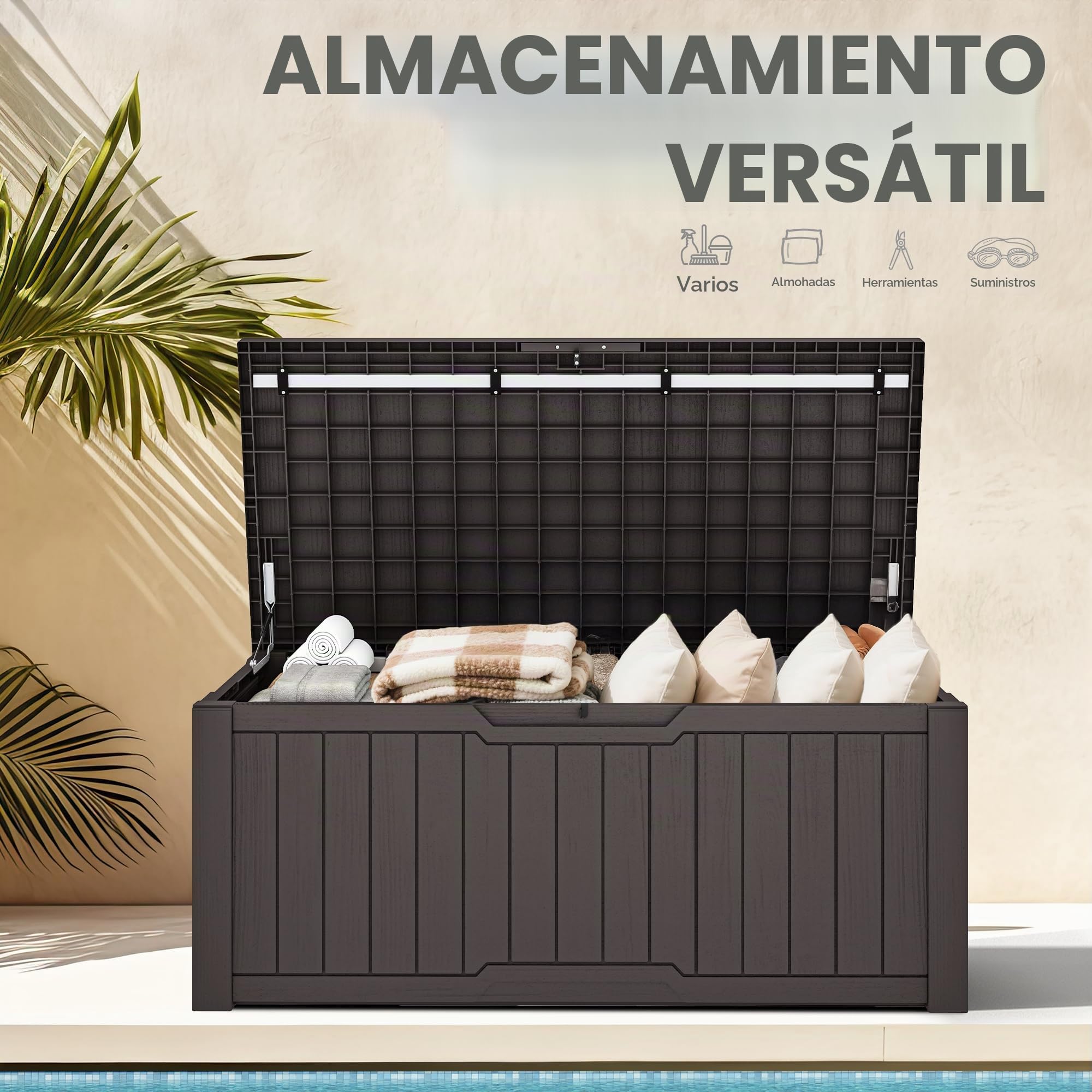 DWVO Caja de almacenamiento para jardín al aire libre, 450 L, 142,1 x 67,6 x 60 cm, impermeable, con cerradura segura, asas de transporte laterales, resistente a todo tipo de clima, caja de resina