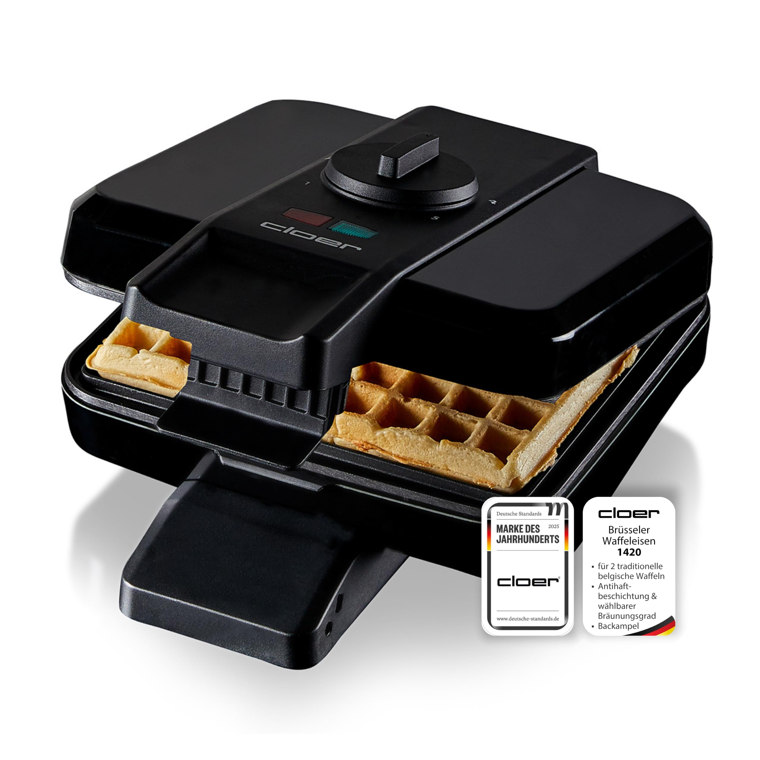 Cloer 1420 Brüsseler Waffeleisen für 2 Belgische Waffeln 9 x 15,5 cm, Duo-Waffeleisen mit Antihaftbeschichtung PFAS-frei, stufenlosem Bräunungsgrad und Backampel, schwarzes Kunststoffgehäuse, 1000 W
