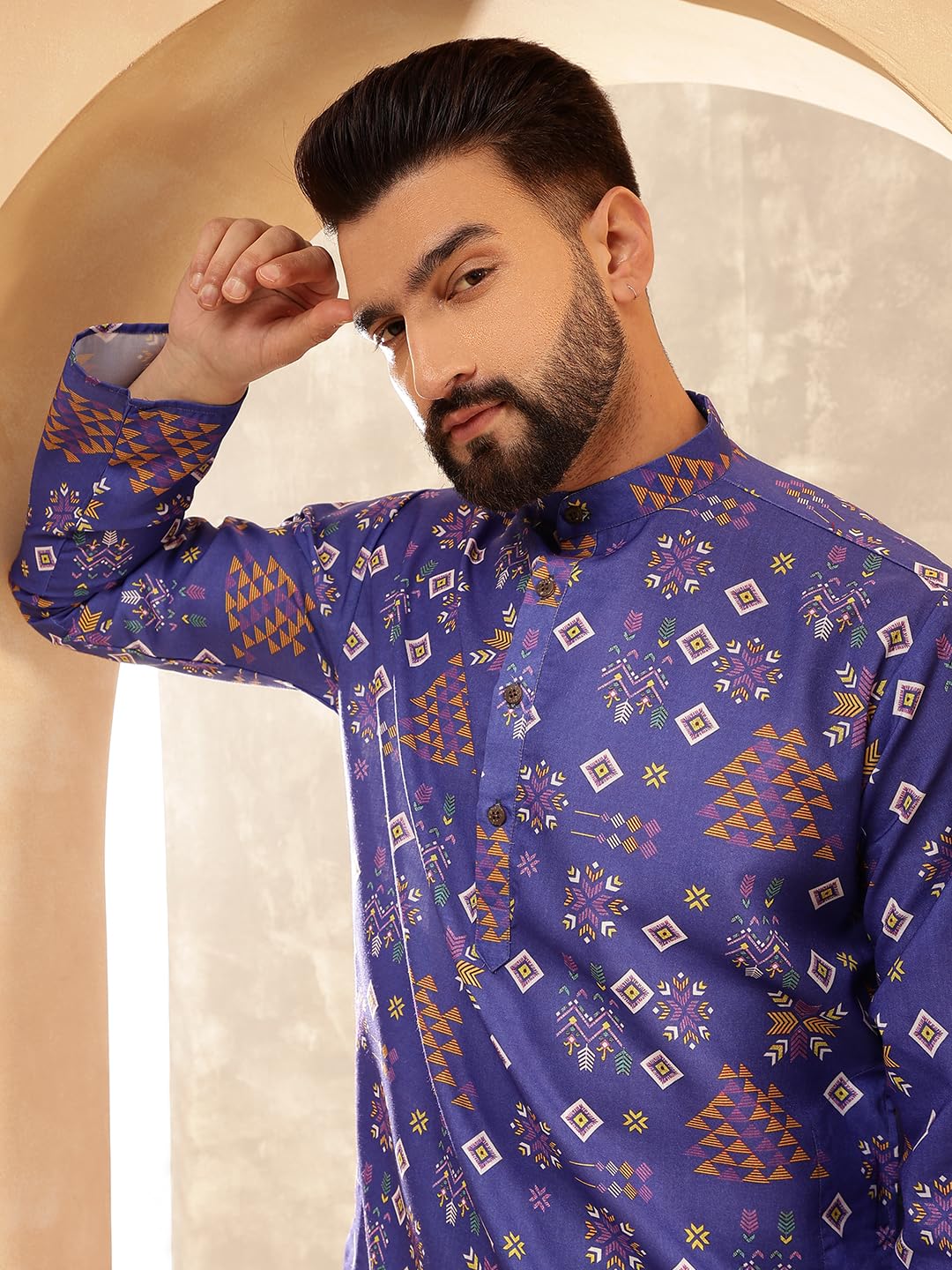 Sojanya (Since 1958 Men's Cotton Linen Ethnic Motifs Printed Blue Only Long Kurta