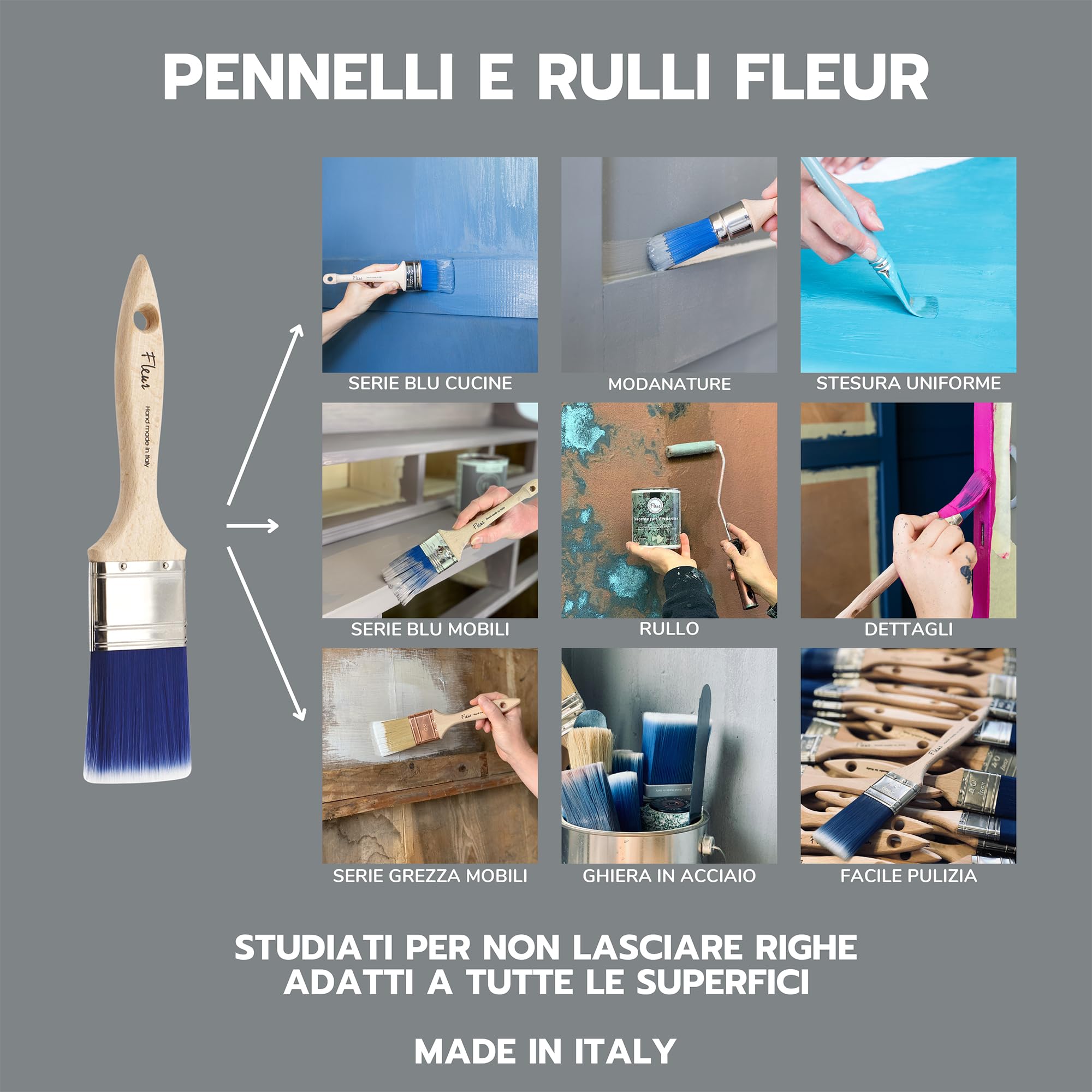 FLEUR DESIGNER'S PAINT | Pennello in Setole Sintetiche, Plafone Blu 3 x 14 cm, Fatto a Mano, Stesura Facile, Uniforme e Senza Segni, Made in Italy