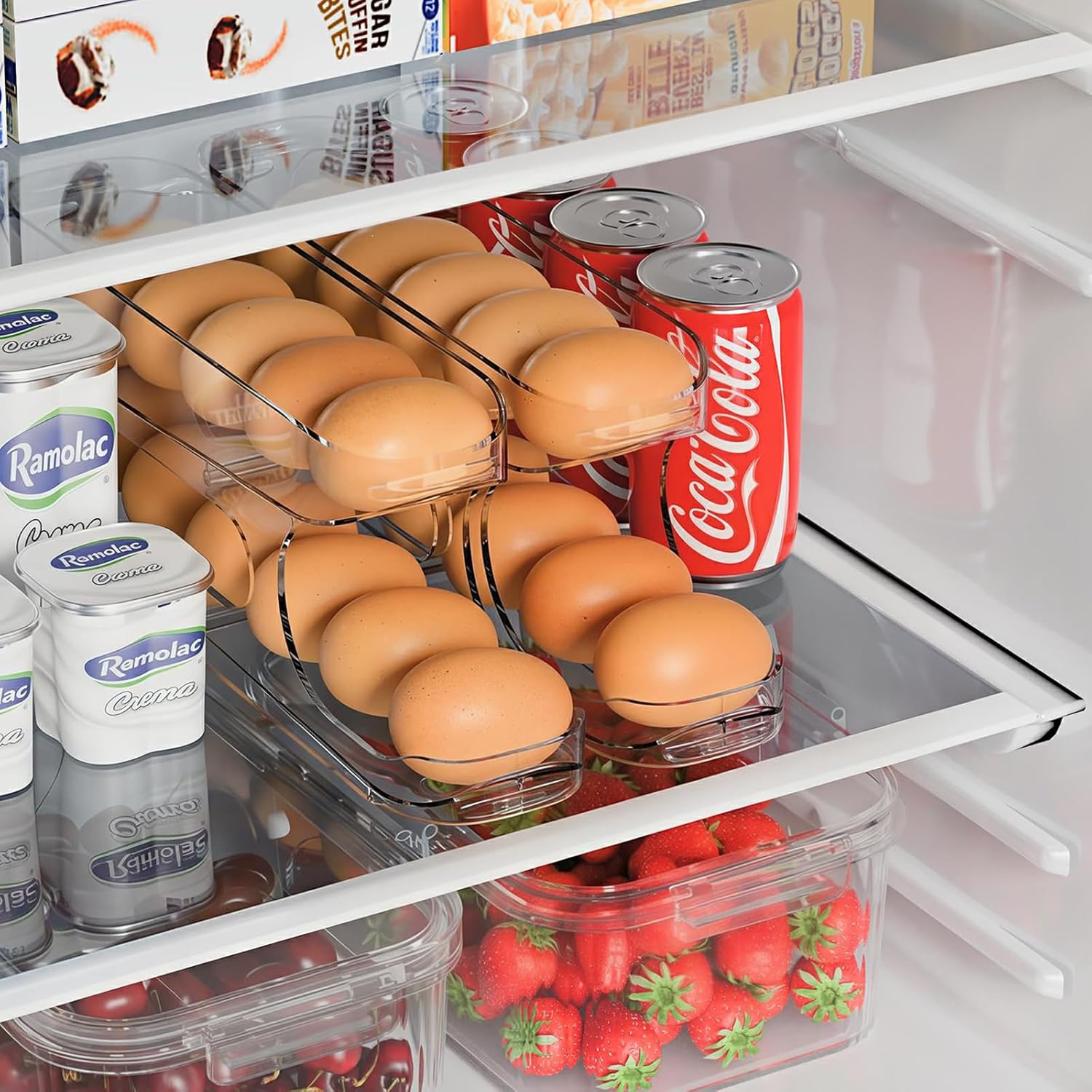 Sotfamily Egg Holder for Fridge, Auto Rolling Egg Storage Organizer for Refrigerator, Clear Space Saving Container, Dispenser - FIFO Egg Roller for Eggs 24 Count